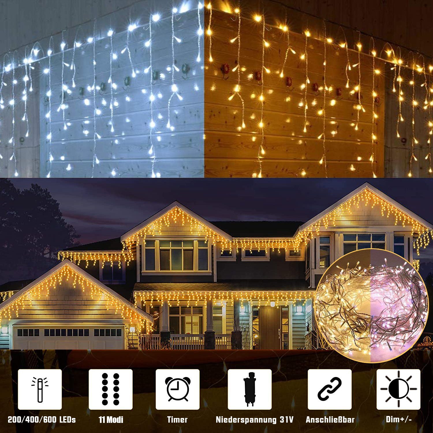XERSEK LED-Lichtervorhang Гирлянды Vorhang Weihnachtsdeko für Fenster,Hochzeit,Balkon 31V, 600-flammig, 31V,8 Lichtmodi, Speicherfunktion, Lichtervorhang