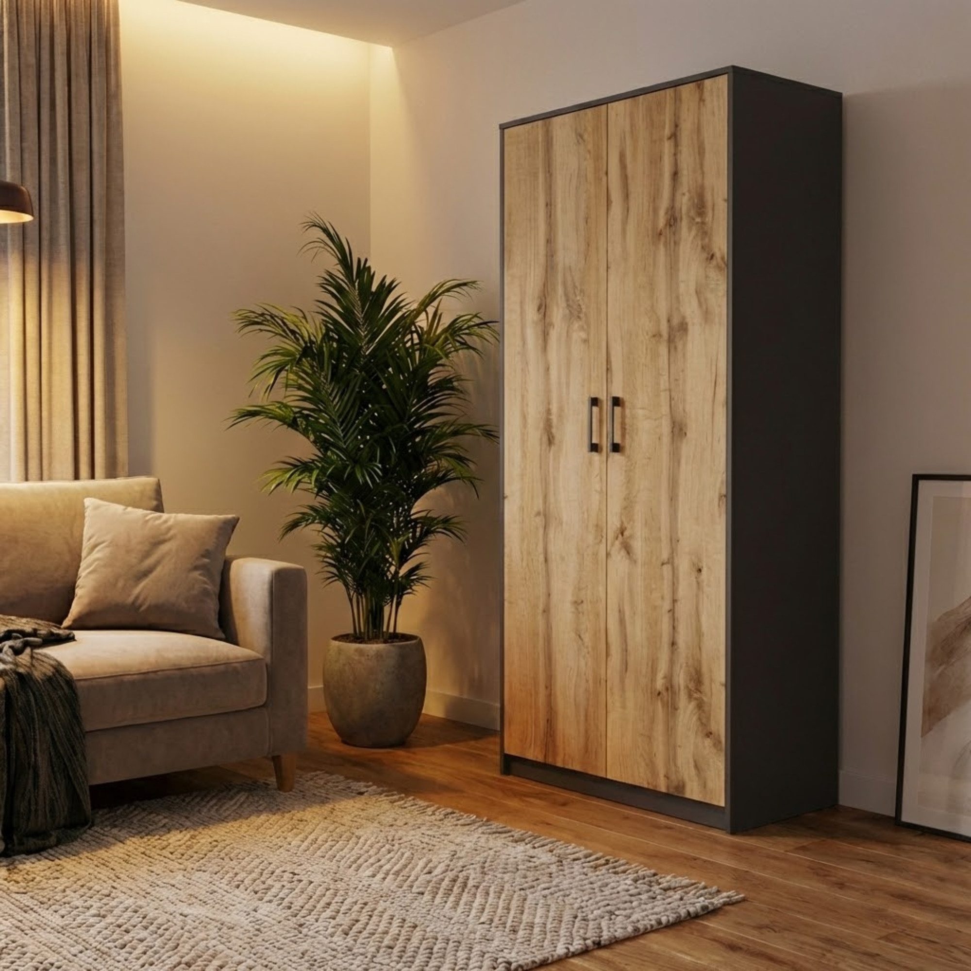Home Collective Mehrzweckschrank mit 8 Fächern Besenschrank Haushaltsschrank (74 cm breit aus Laminatplatte und hochwertigen Polymergriffen) in mattem Finish mit 6 Einlegeböden und 2 Türen graphit Eiche