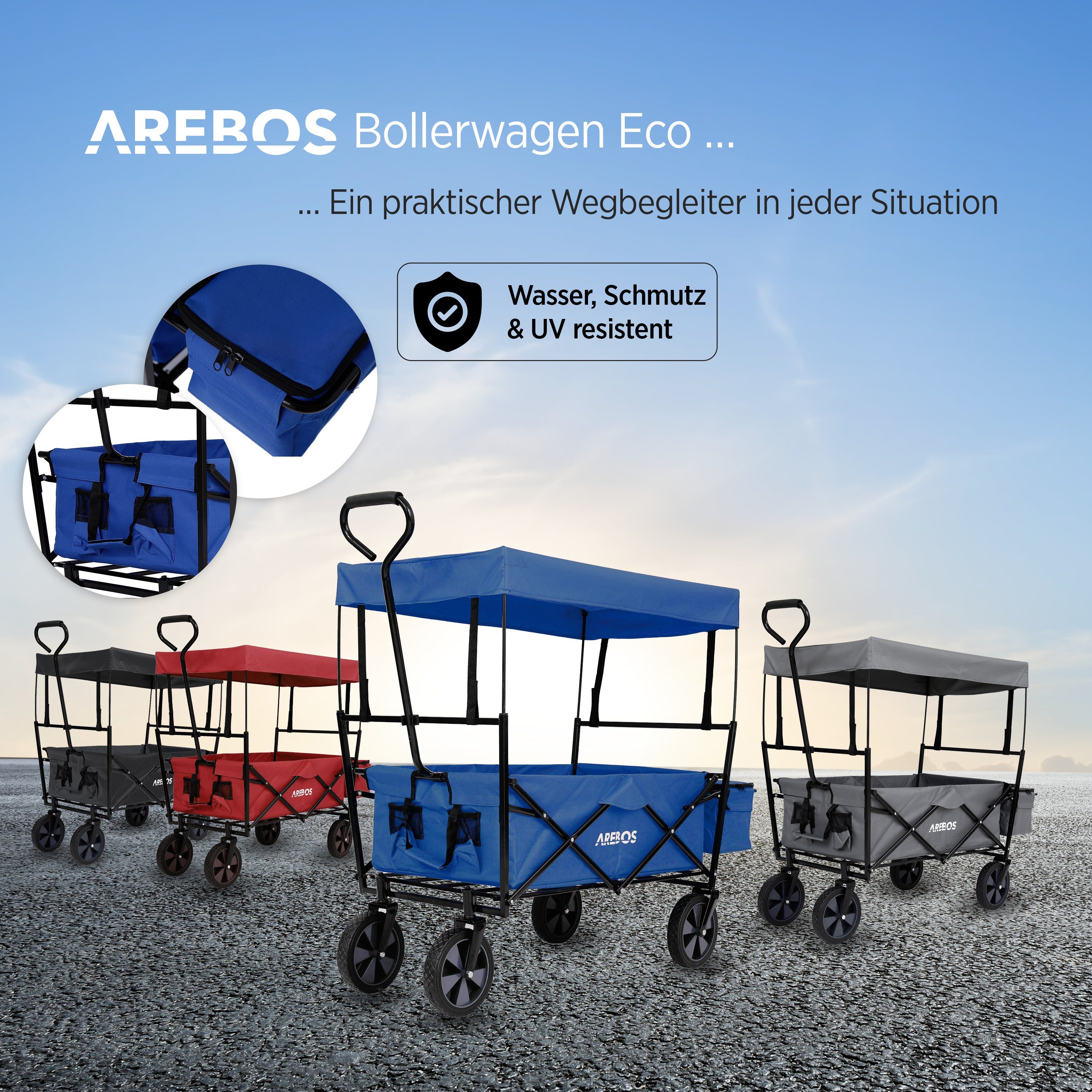 Arebos Bollerwagen ECO faltbar mit Dach, 70 kg Tragkraft für Garten, Camping & Ausflüge (Blau), Maße 117 x 55 x 125 cm – Bild 5 von 5