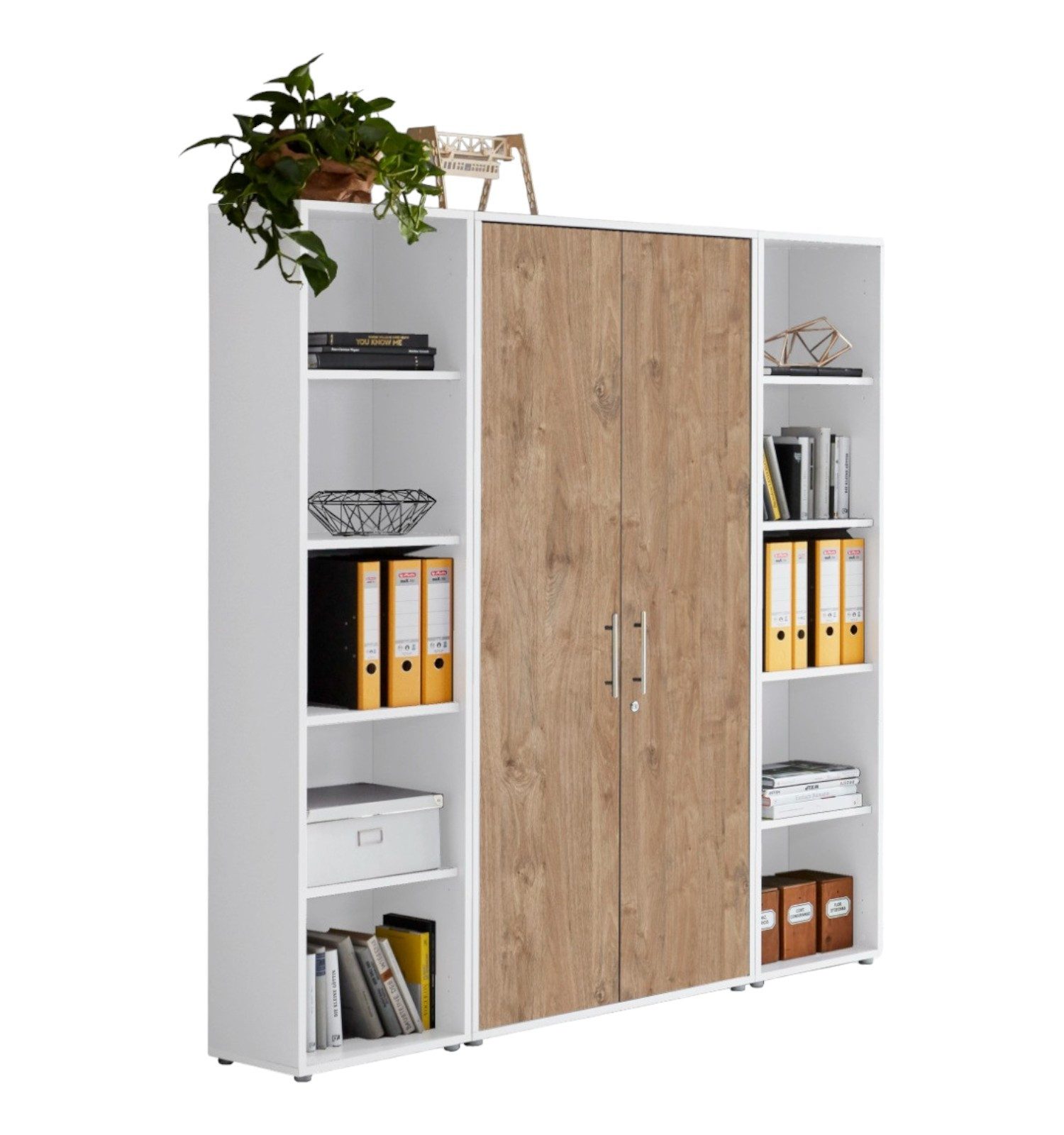 BMG Möbel Aktenschrank Office Edtion (Set 3 Weiß/ Gold Harbor Oak, Büro-Set, Büroschrank abschließbar) Made in Germany