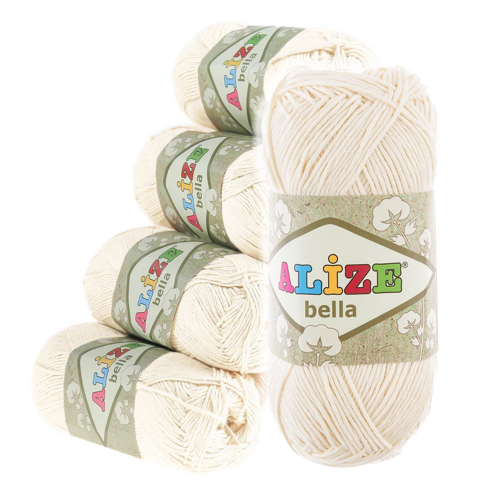 Alize 5 x 100g Alize Bella uni Baumwoll-Strickgarn Häkelgarn Sommerwolle Häkelwolle, 360 m, 62 creme