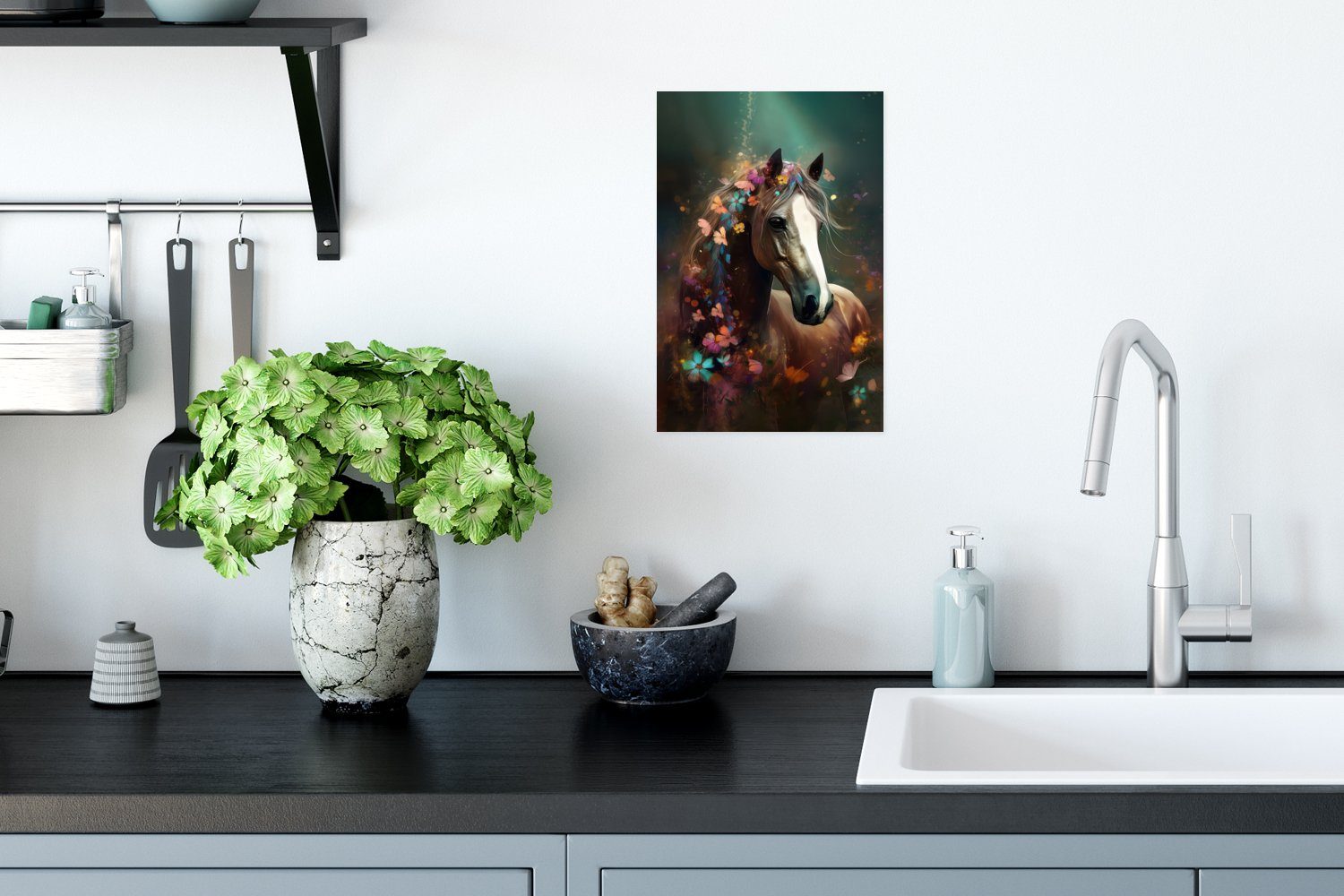 Wandposter - Blumen, Poster, Ohne Wandbild, St), - MuchoWow - für Pferd Poster Wohnzimmer, - Rahmen Natur (1 Schmetterling Tiere