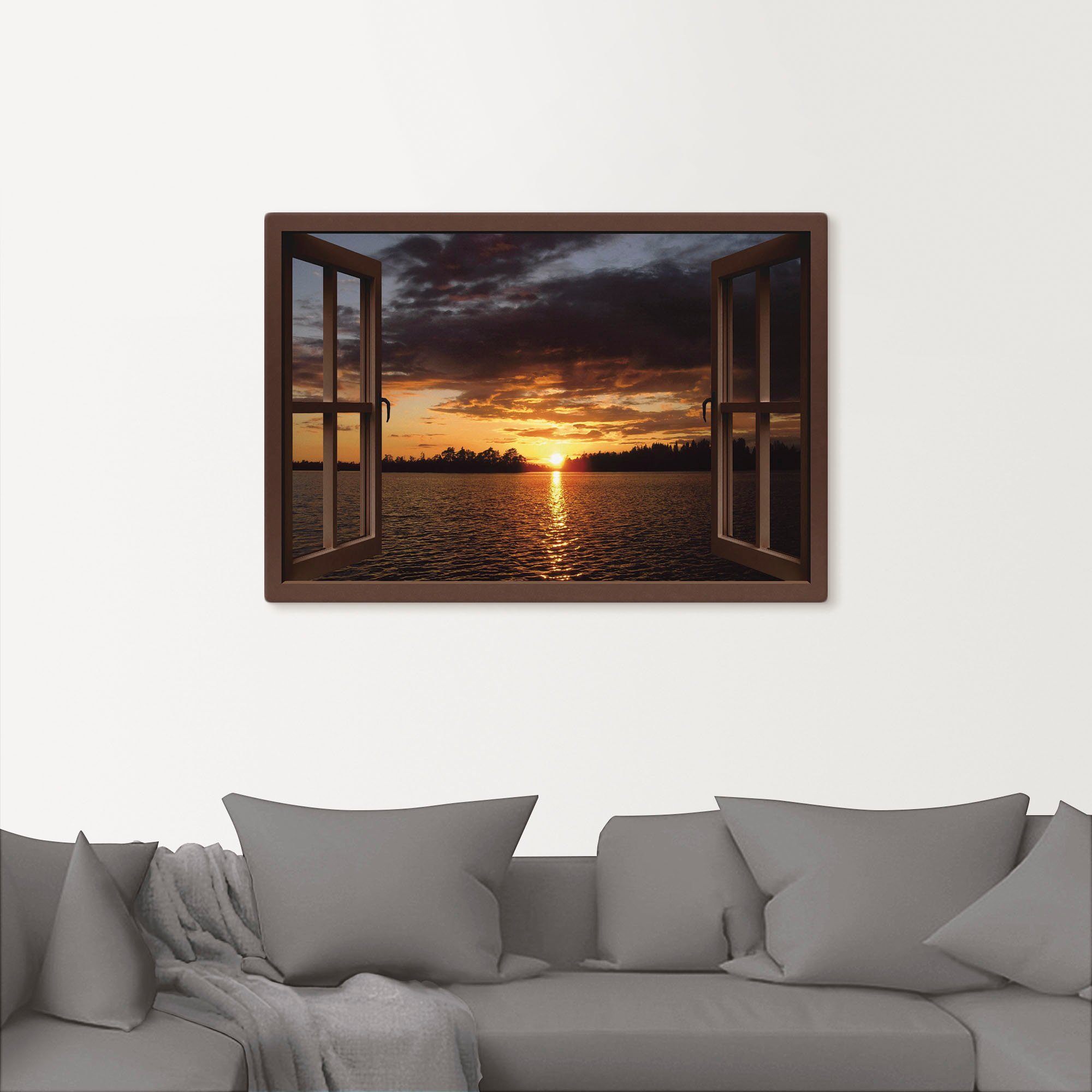 Fenster, oder (1 Alubild, Leinwandbild, Wandaufkleber Größen Wandbild St), Artland am mit versch. Poster als See Sonnenuntergang in Seebilder