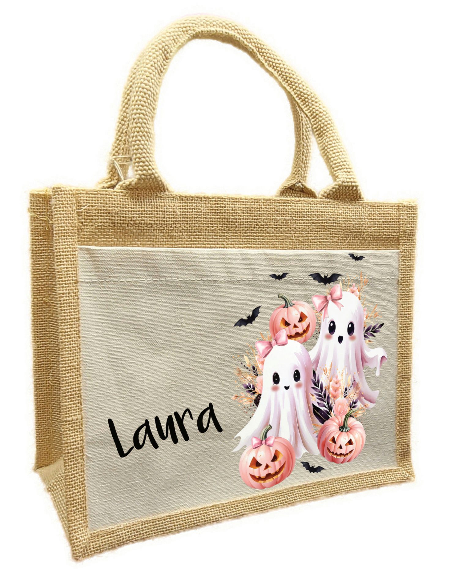 Korbtasche Halloween Tasche Geister, Sammeltasche aus Jute, 26 x 35 x 14 cm