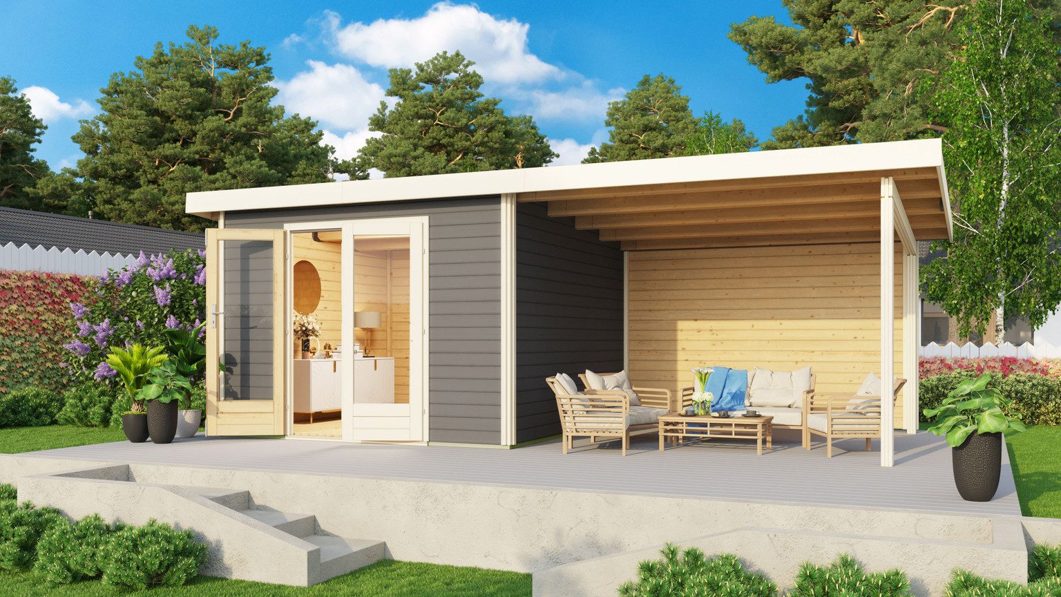 Karibu Gartenhaus Karibu Gartenhaus Radeburg, 38 mm, 664 x 360 cm, Typ 1, natur, inkl. 3,3 m Anbaudach mit Rückwand