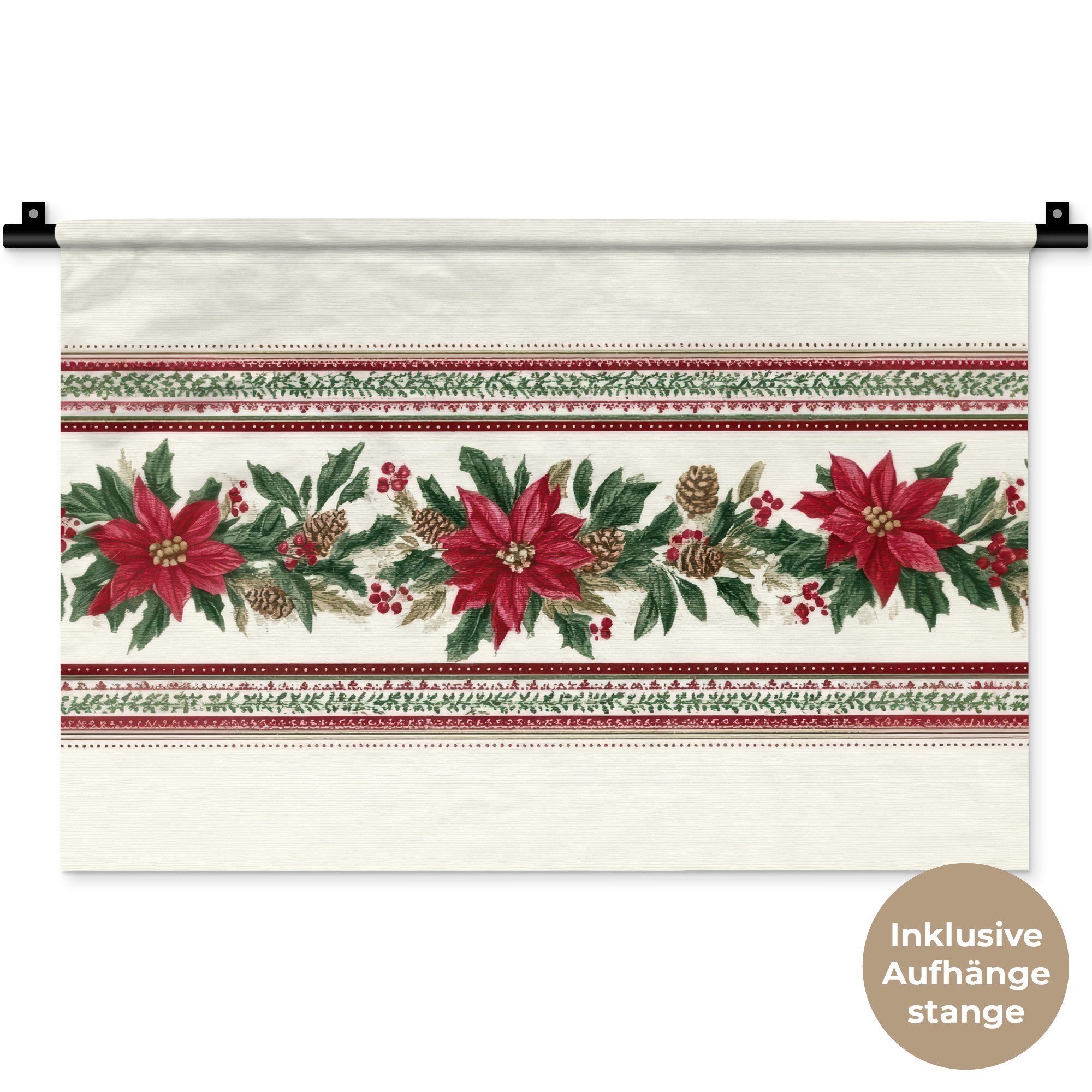 MuchoWow Wandteppich Weihnachtsstreifen - Weihnachtsstern - Rot - Grün, Rechteckig, Höhe: 3 mm, Wandteppich für Wohnzimmer, Schlafzimmer, 60x40 cm