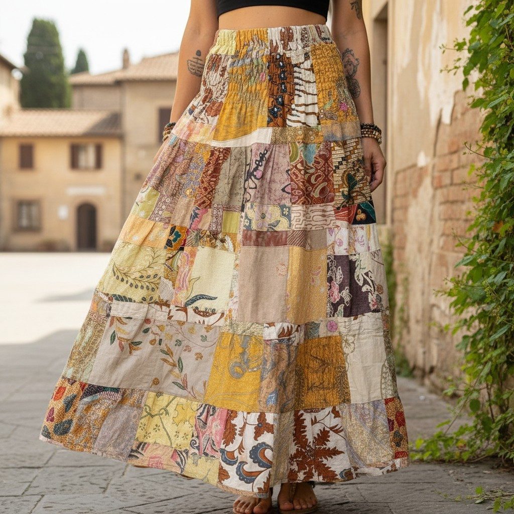 Guru-Shop Minirock Weit schwingender upcycling Patchwork,.. alternative Bekleidung