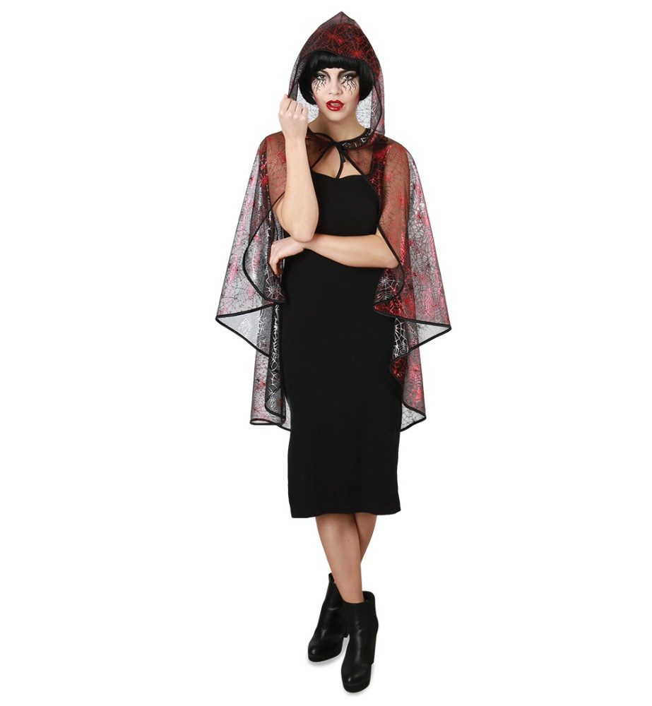 Kostüm Hexen Mystic Spinnencape mit Kapuze Spinnen Umhang Rot Halloween