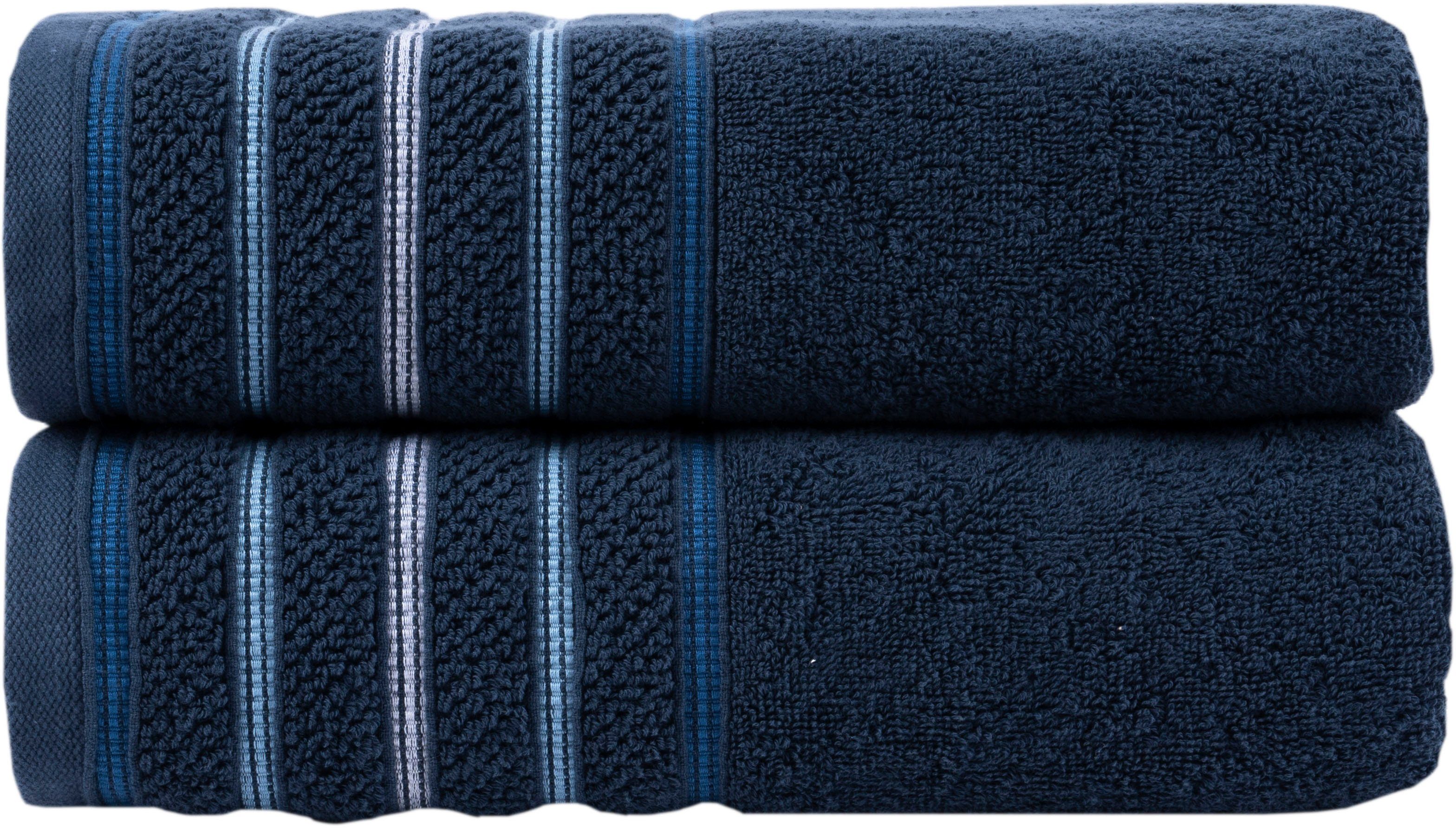 Home affaire Handtuch Set Safien mit Streifenbordüre, Frottier, (Set, 2-tlg), Handtuch oder Badetuch Set, Premium 550gr/m², Bio-Baumwolle dunkelblau