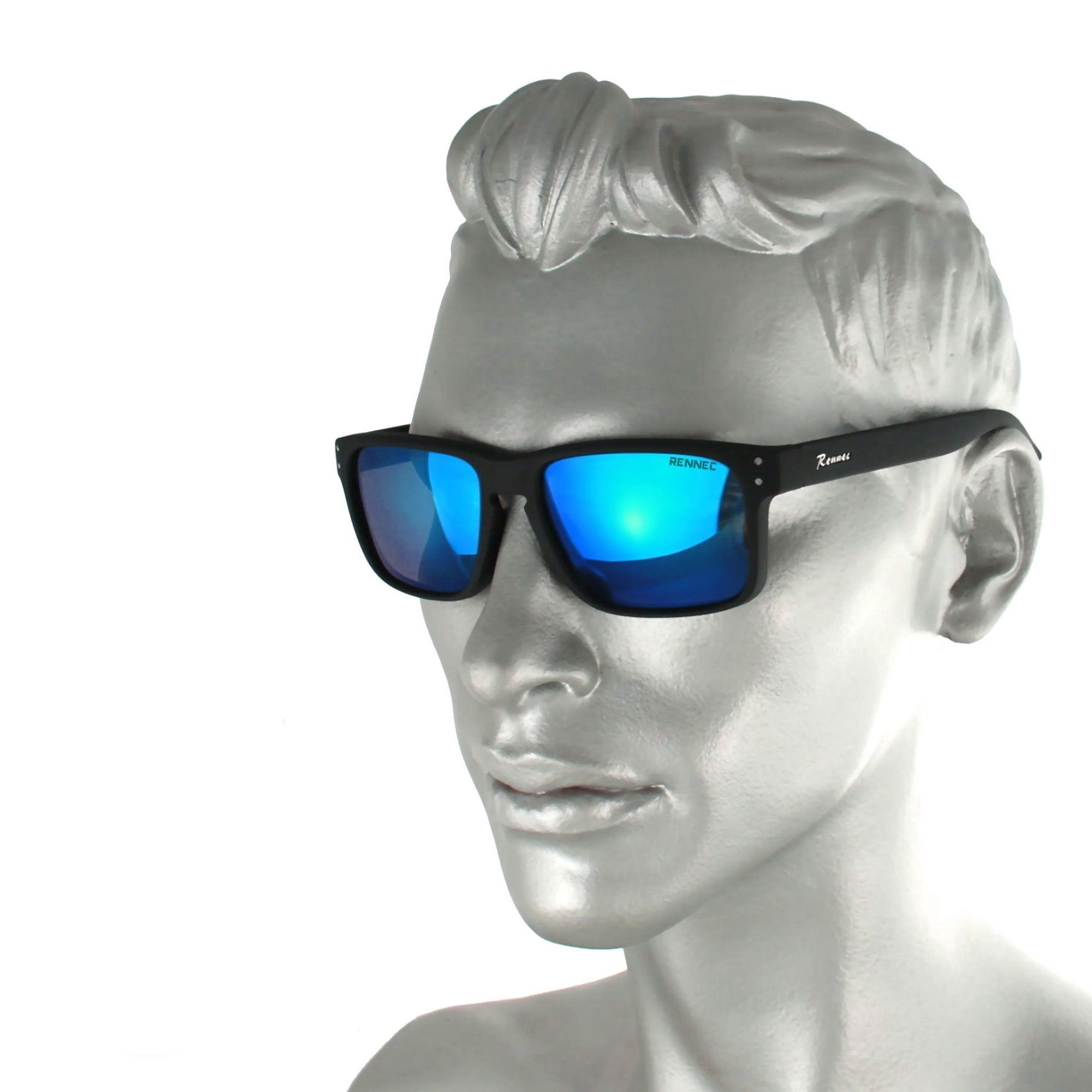 Rennec Sonnenbrille (Herren Brille mit Hardcase) Türkis Verspiegelt, 3in2 Bügelgelenke, Markenschriftzug