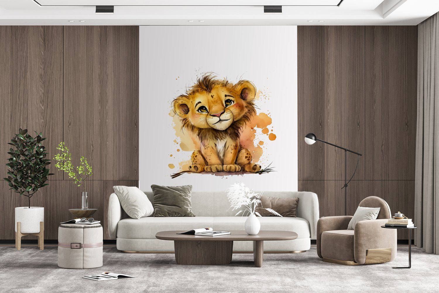 - Montagefertig Löwe Vinyl Tapete Aquarell Fototapete MuchoWow - - (4 Wohnzimmer, St), - - Braun für bedruckt, Wandtapete Tiere Jungen, Mädchen Matt,