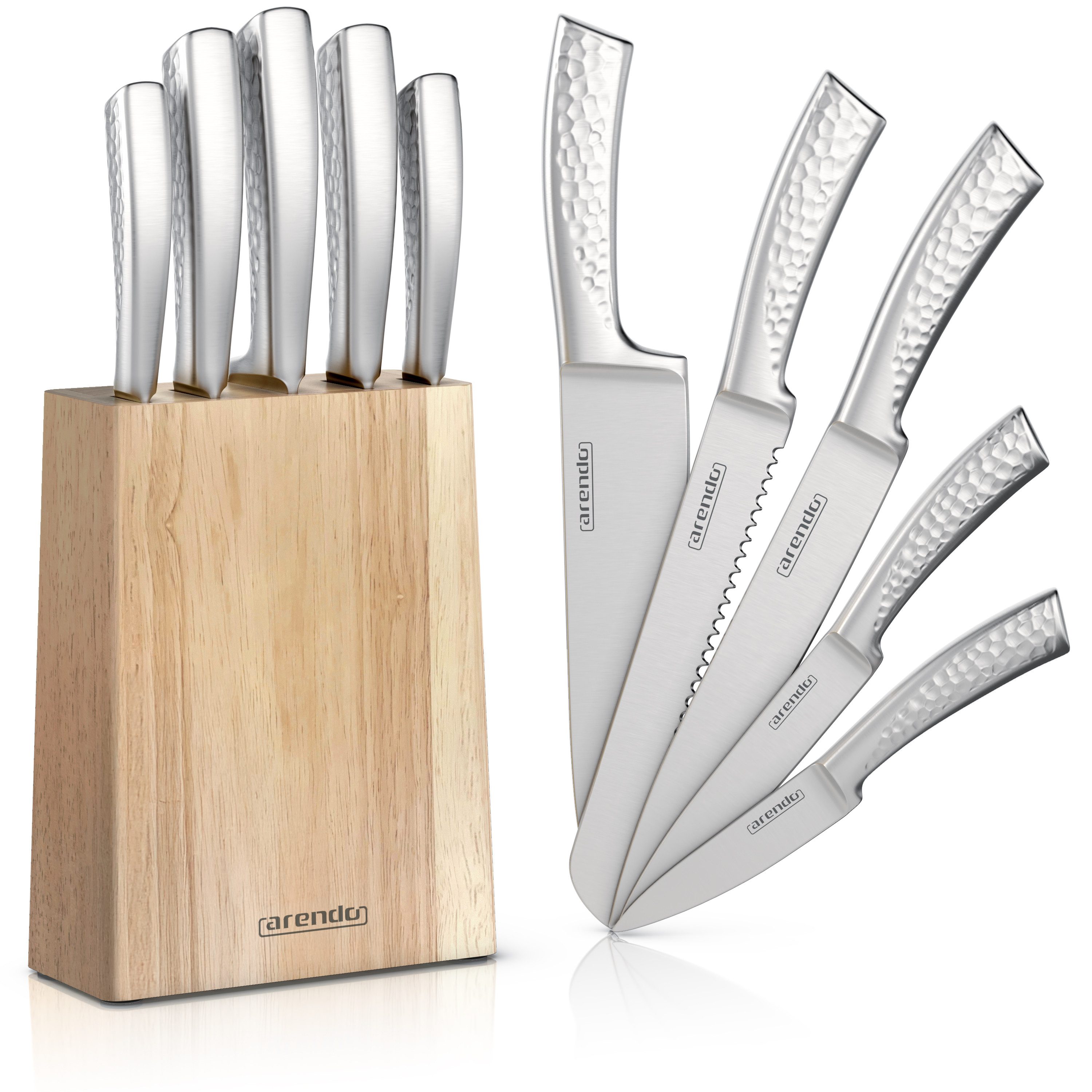 Arendo Messerblock 5-teilig mit Messern aus Edelstahl, Holzblock, ergonomische Griffe (6tlg), präzisionsgeschliffene Klingen, spülmaschinenfest, rostfrei
