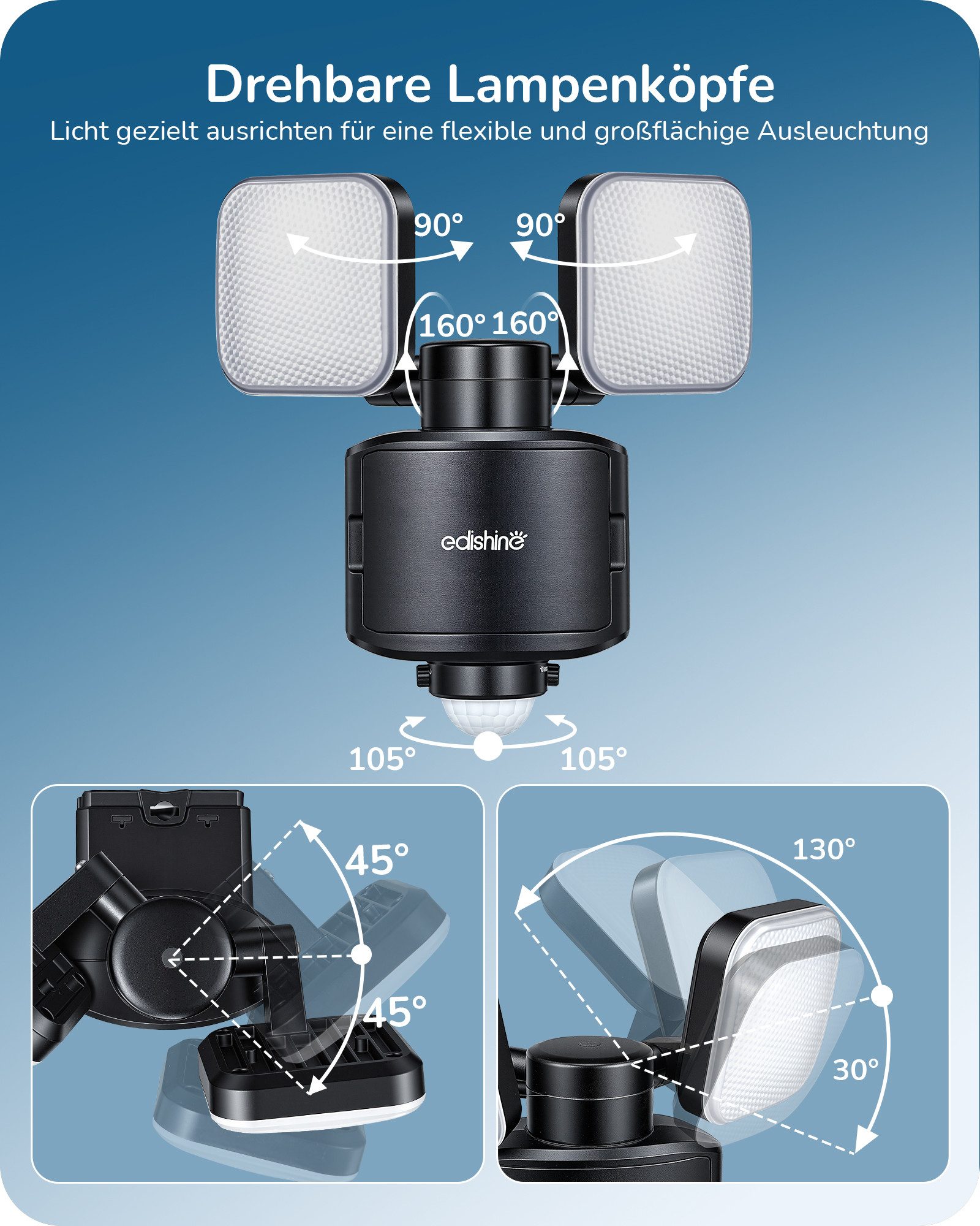 EDISHINE Wandstrahler mit Bewegungsmelder, LED fest integriert, Tageslichtweiß, 900 Lumen, 6500K, Flutlicht mit zwei drehbaren Leuchtenköpfen