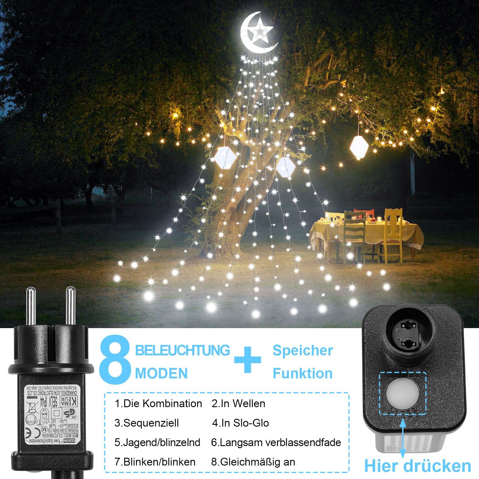 Energiesparen, -mit Stern Sunicol 350 Weiß Beleuchtung,Außen 31V und Party Weihnachtsbaum Garten, Mond LED Wasserfall Modi, LED-Baummantel 8 3.4M wasserdicht