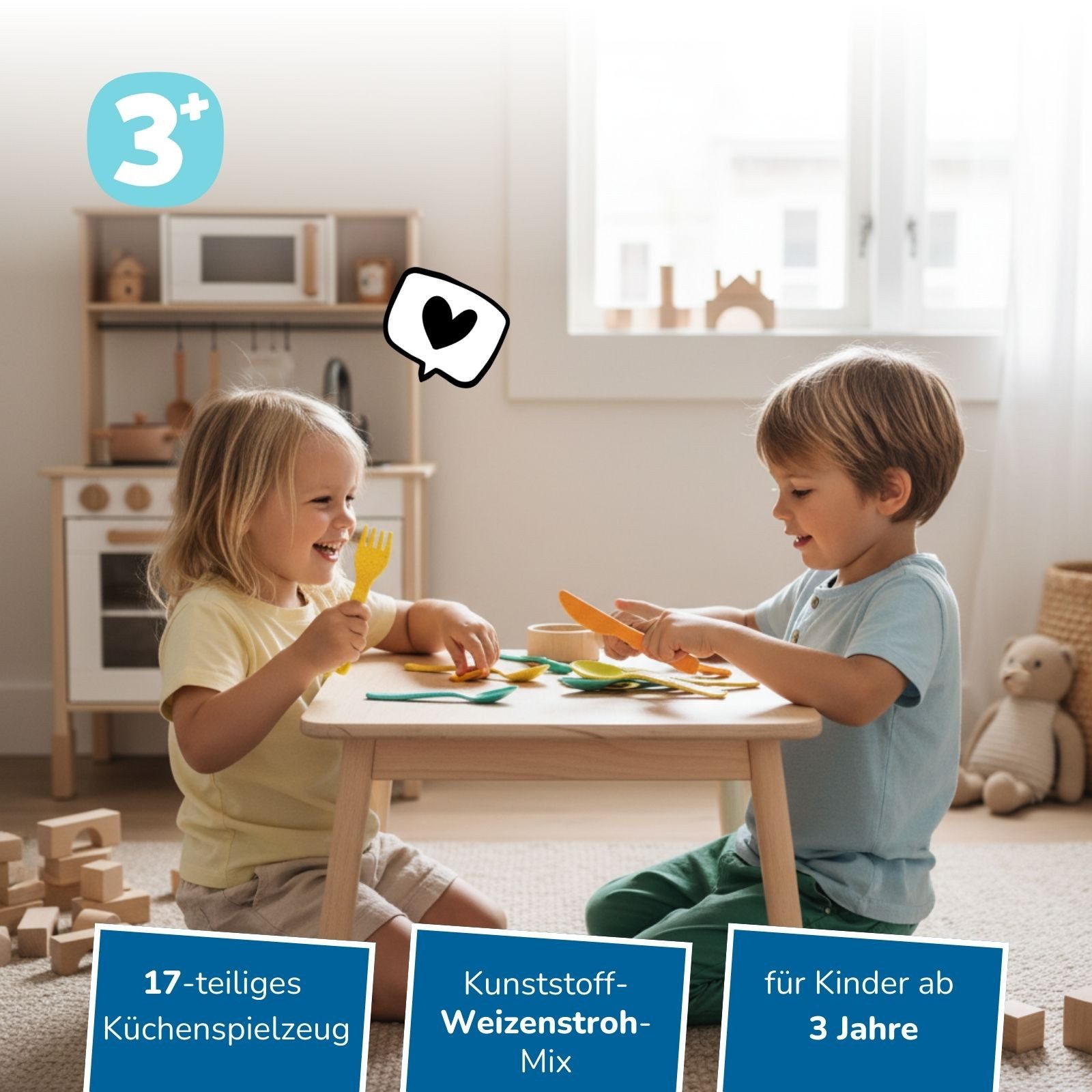 alldoro Spielbesteck Kinderküchen Besteck-Set 17-teilig mit Besteckkasten, Farbenfrohes Küchenspielzeug für Rollenspiele, für Kinder ab 3 Jahren