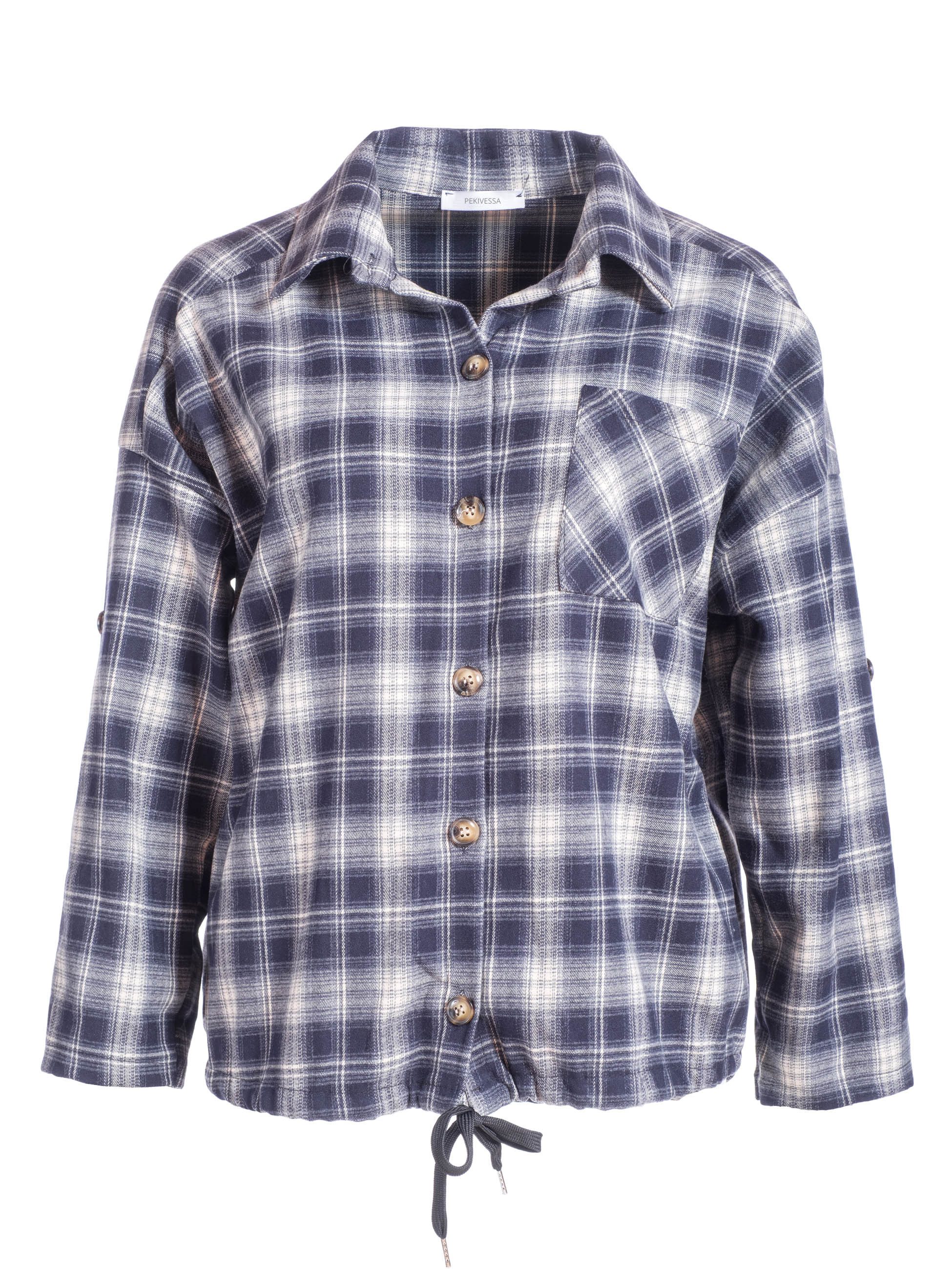PEKIVESSA Blusenjacke Karobluse mit Hemdblusenkragen mit Bindeband am Saum zum Schoppen