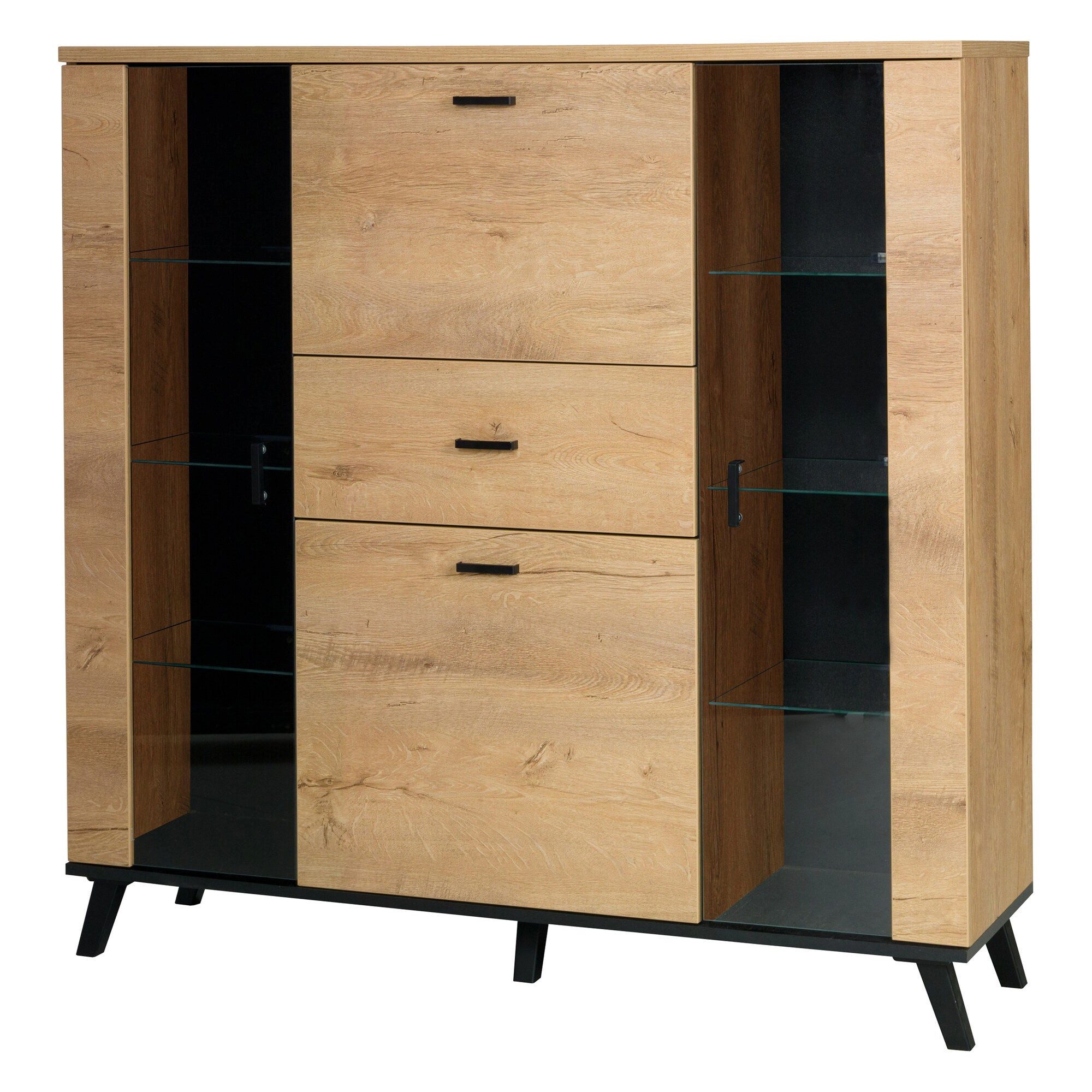 ROYAL24_MARKT Vitrine John Vitrine 131 cm mit 2 Glastüren, Tür, Klappe und Schublade
