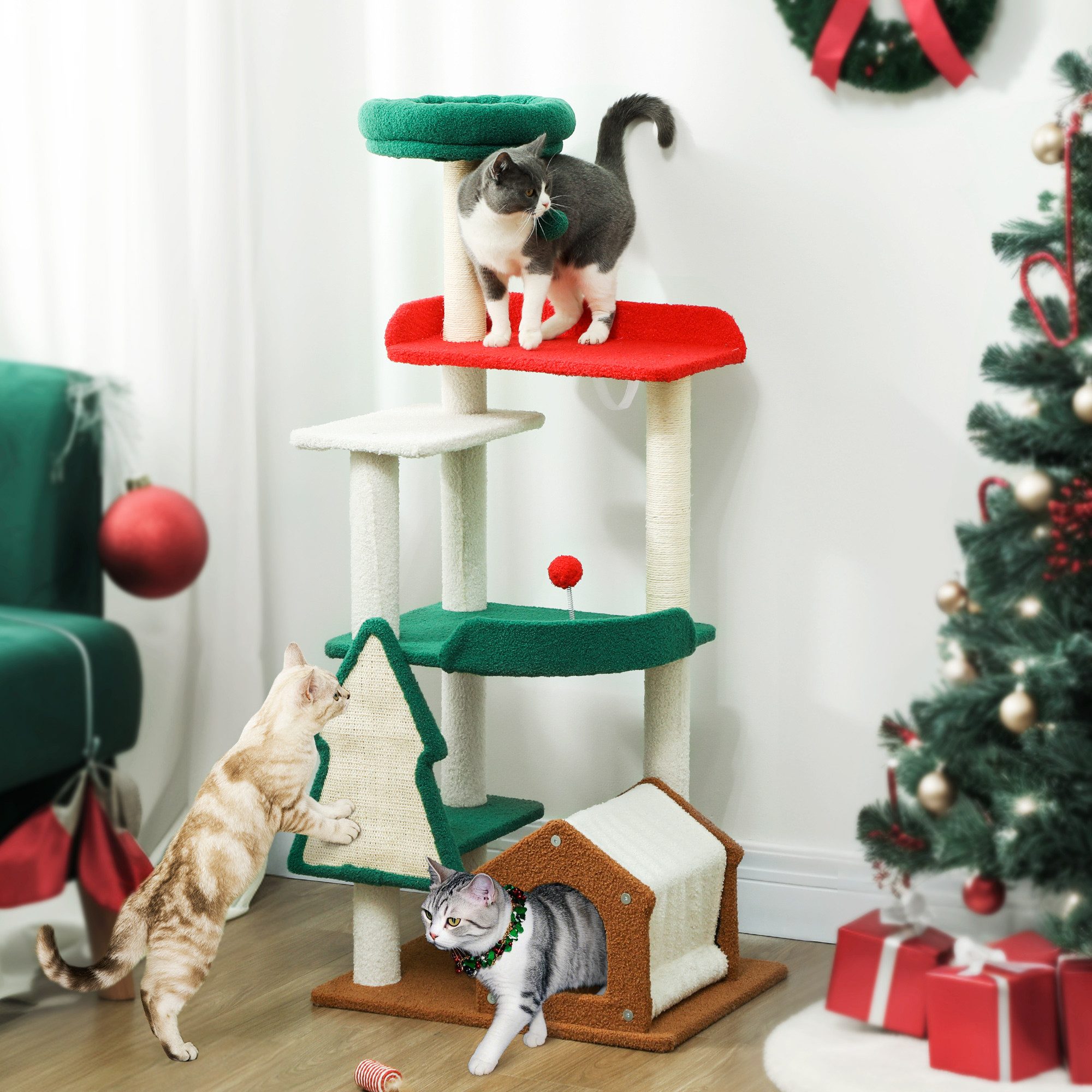 PawHut Kratzbaum in Weihnachtsfarben, 135 cm mit 6 Ebenen, Katzenhöhle, Spielball, für 1-2 Katzen bis 5 kg, Mehrfarbig
