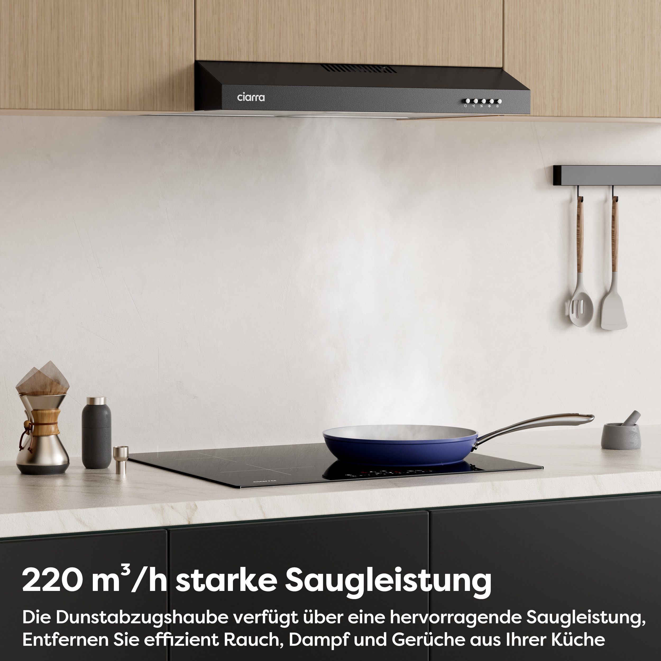 CIARRA Unterbauhaube 60 cm A+ 220 m³/h Abluft & Umluft 3 Stufen LED leise VM6903DB 60 cm A+ 220 m³/h Abluft & Umluft 3 Stufen LED leise VM6903DB, Unterbau-Dunstabzugshaube mit Aluminiumfilter & Kohlefilter Schwarz