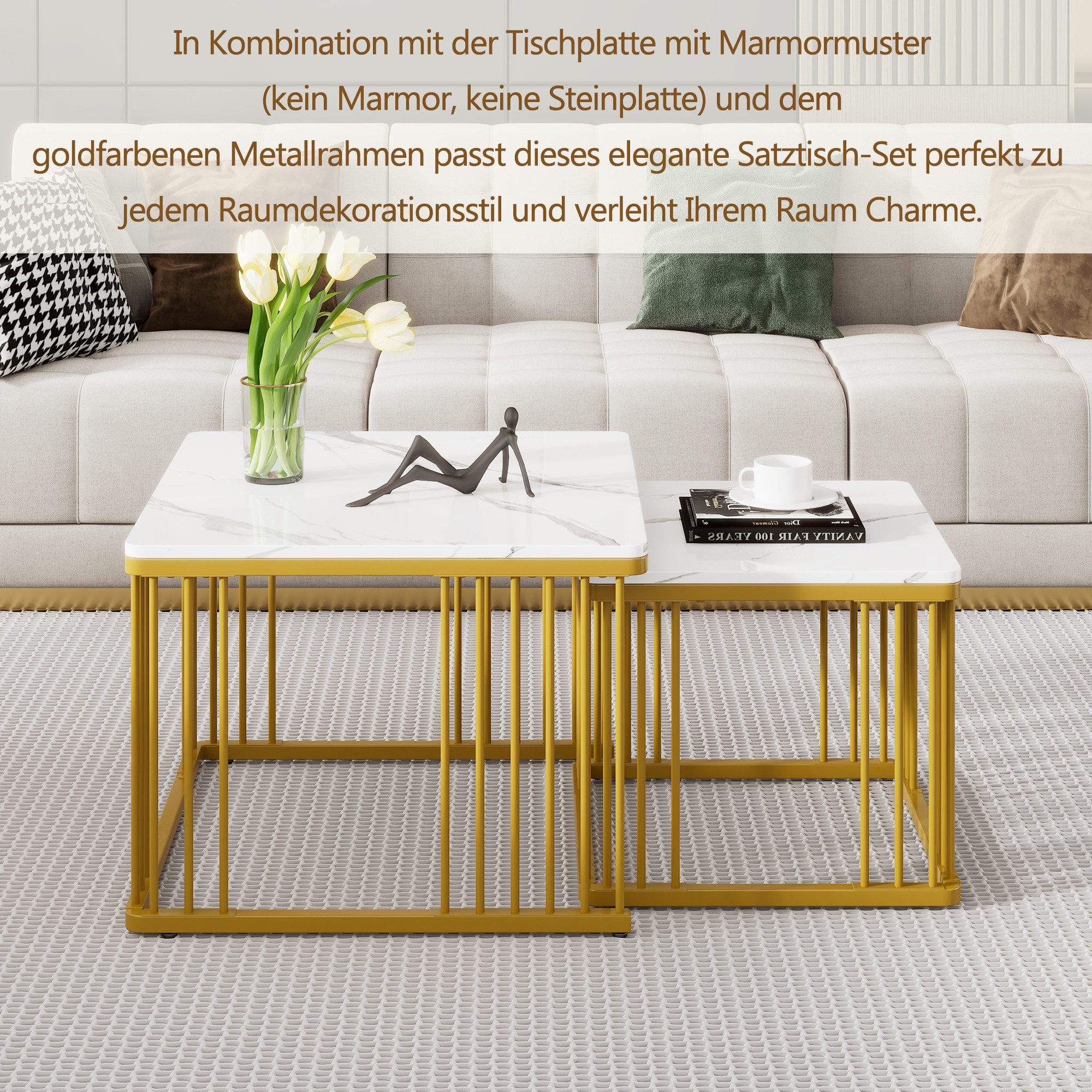 Merax Couchtisch im Marmoroptik mit Metallrahmen (2er Set), Beistelltisch hochglänzend, Satztisch, Wohnzimmertisch, Kaffeetisch – Bild 5 von 5