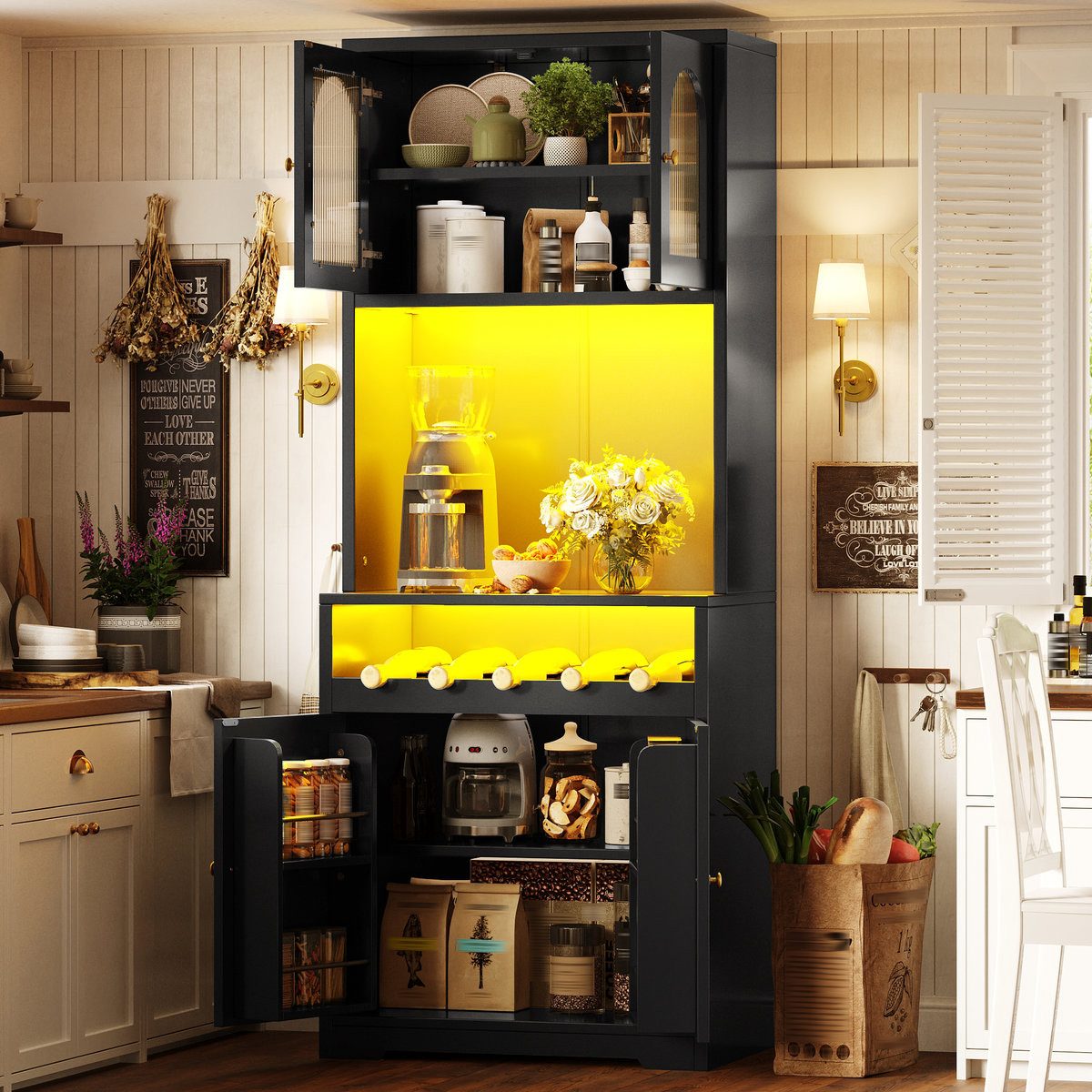 Odikalo Hochschrank Küchenschrank Buffetschrank mit LED und Weinregal (180cm mit App-RGB-LED, gewölbte Glastüren, Anti-Kipp-Vorrichtung, verstellbare Einlegeböden)