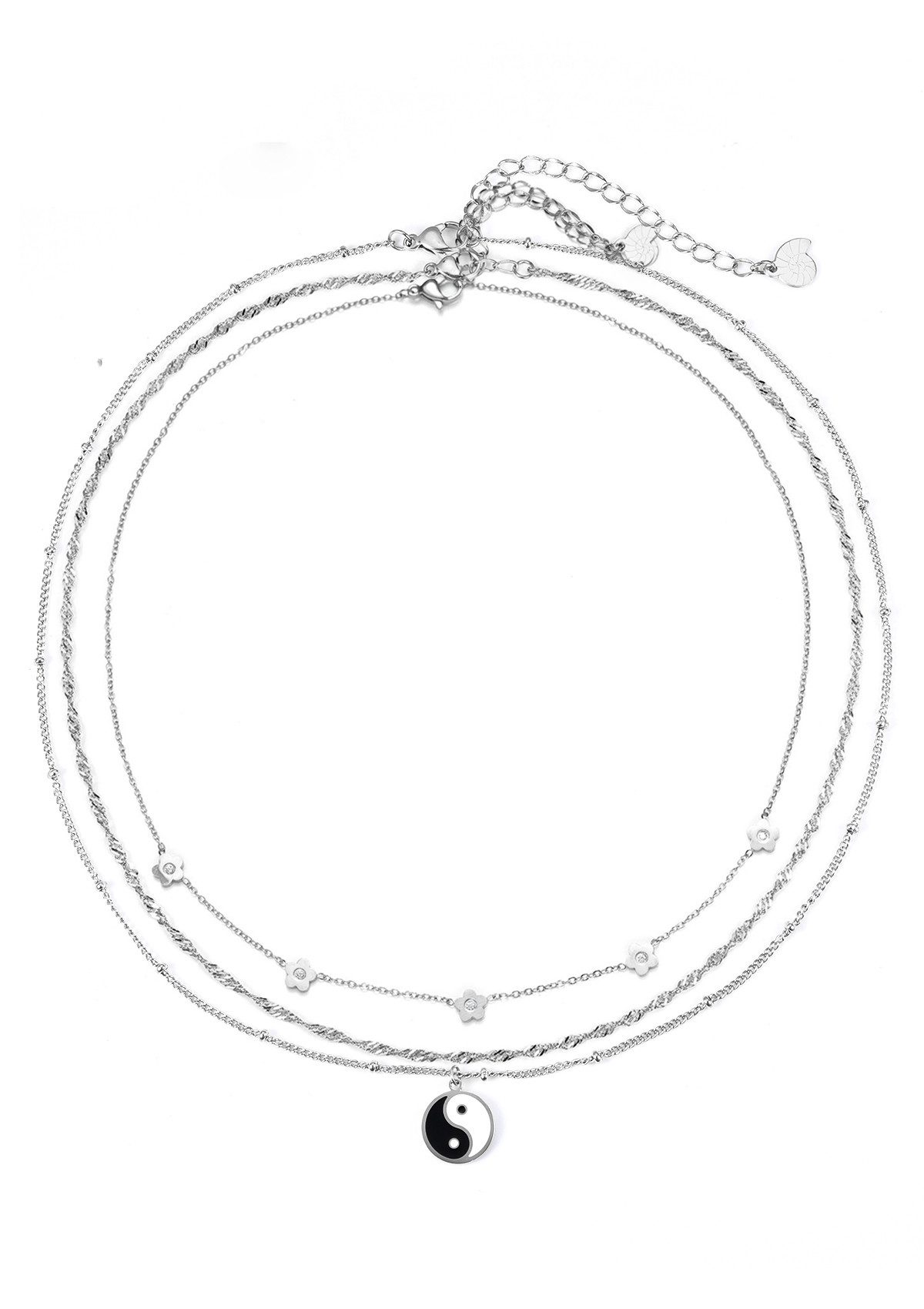 Hey Happiness Schmuckset Harmonie, 3er Layer Ketten Set Blumen und Ying Yang, Basic Edelstahl Kette Gedreht & Floral, Halskette Yin Yang Anhänger. € 86,90