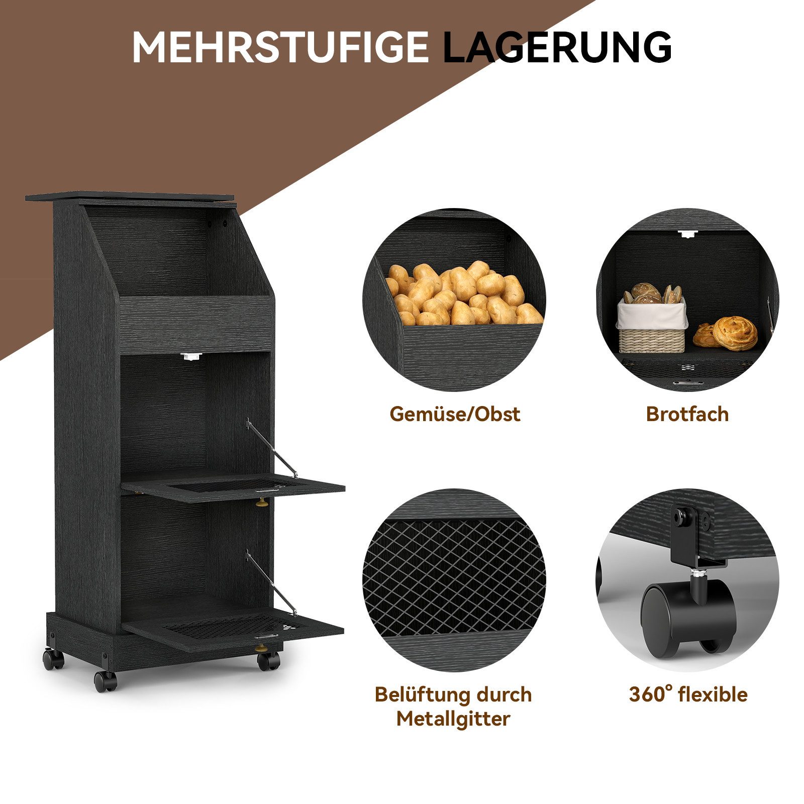 Puluomis Vorratsdose Vorratsdose Kartoffelbox, Gemüsebox mit Rollen, Kartoffelkiste, (Gemüsebehälter mit Belüftung und Brotfach, Aufbewahrung von Gemüse und Obs – Bild 5 von 5