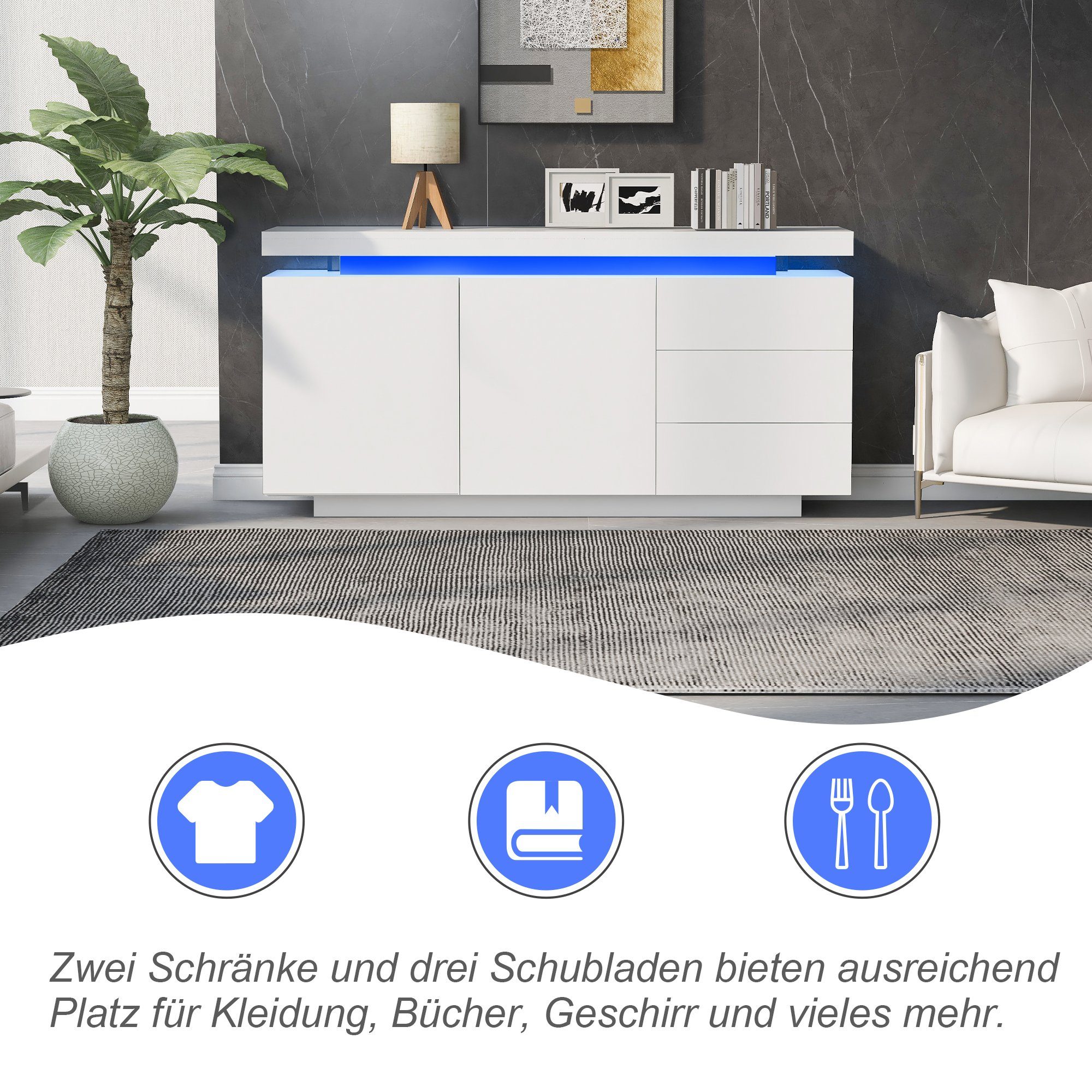 Merax Sideboard hochglanz mit LED inkl. Fernbedienung, Schubkastenkommode, Lowboard,Beistellschrank,Breite 140cm