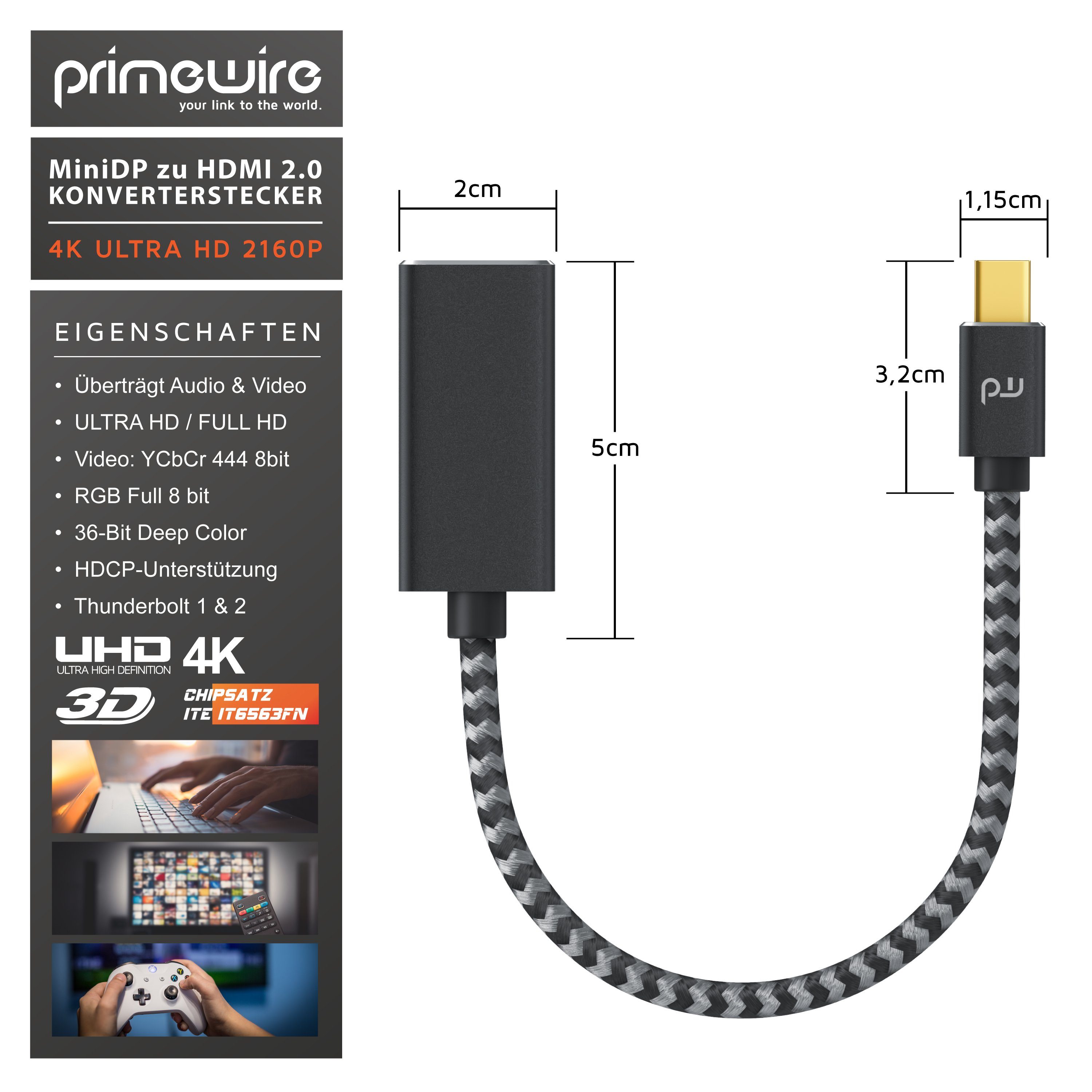 Primewire Audio- & Video-Kabel, Mini DisplayPort, HDMI Typ A (15 cm), 4K mDP zu Hdmi 2.0 Adapter / Kabel, 4K@60Hz,Thunderbolt 1 - 2 - 0,15m