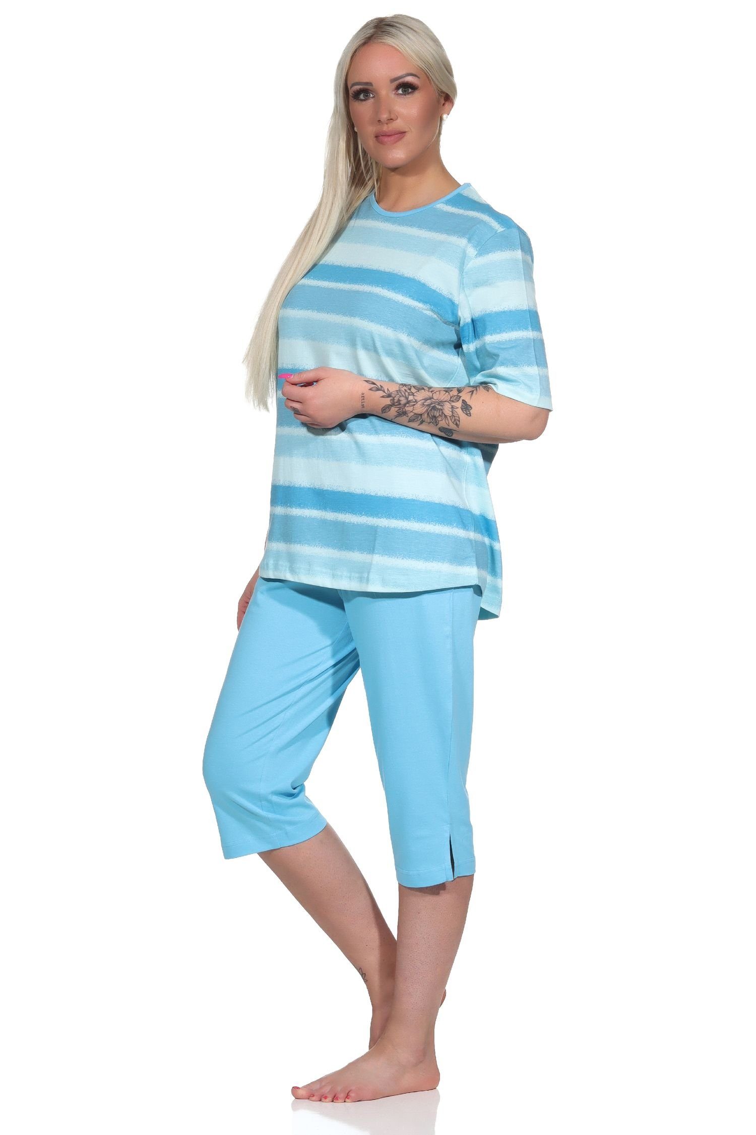 Normann Pyjama Damen Capri Streifen blau farbenfrohen Schlafanzug im kurzarm Pyjama Look