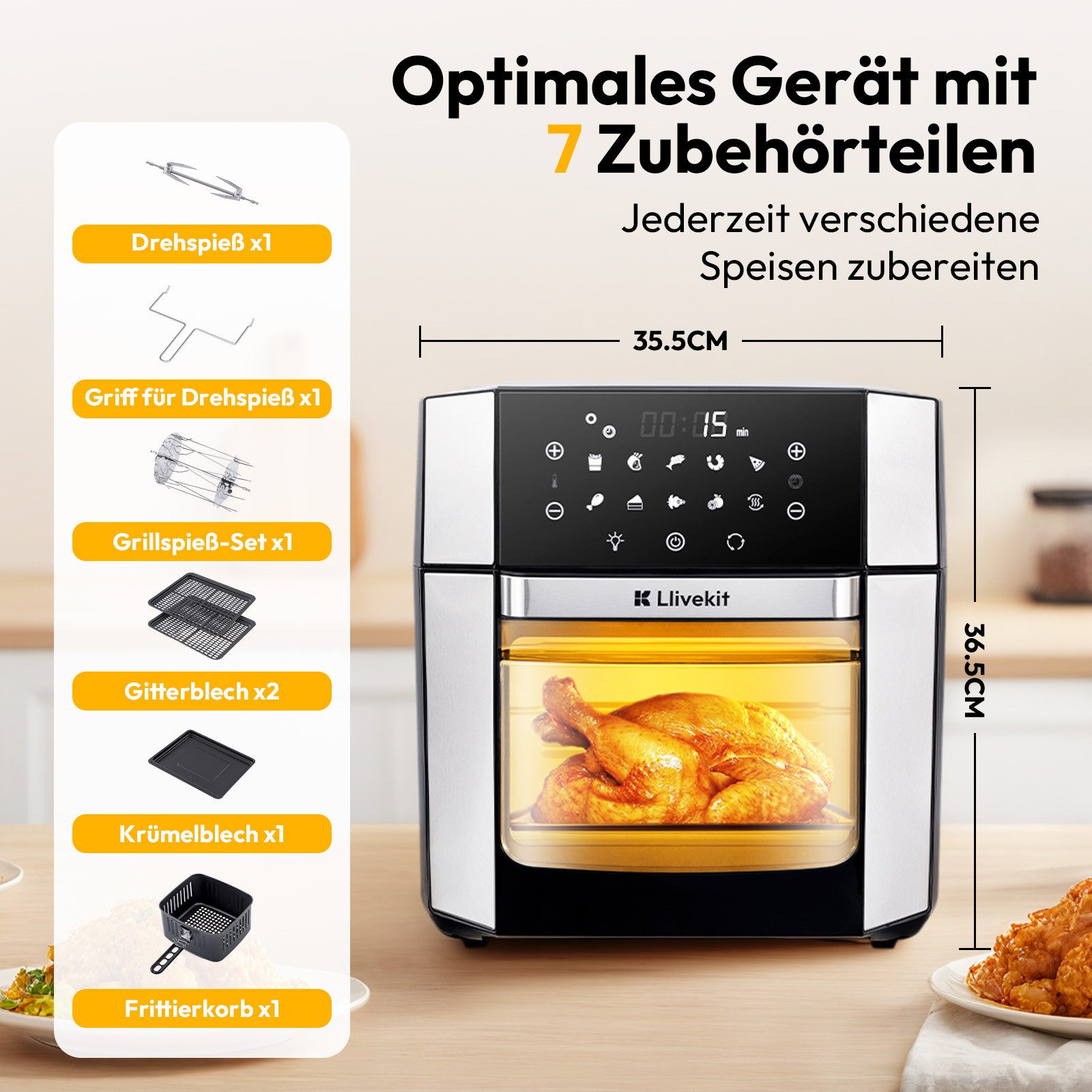 LLIVEKIT Heißluftfritteuse, 1800,00 W, 10 in 1 Mini Ofen mit Umluft Drehfunktion, Programmierbar
