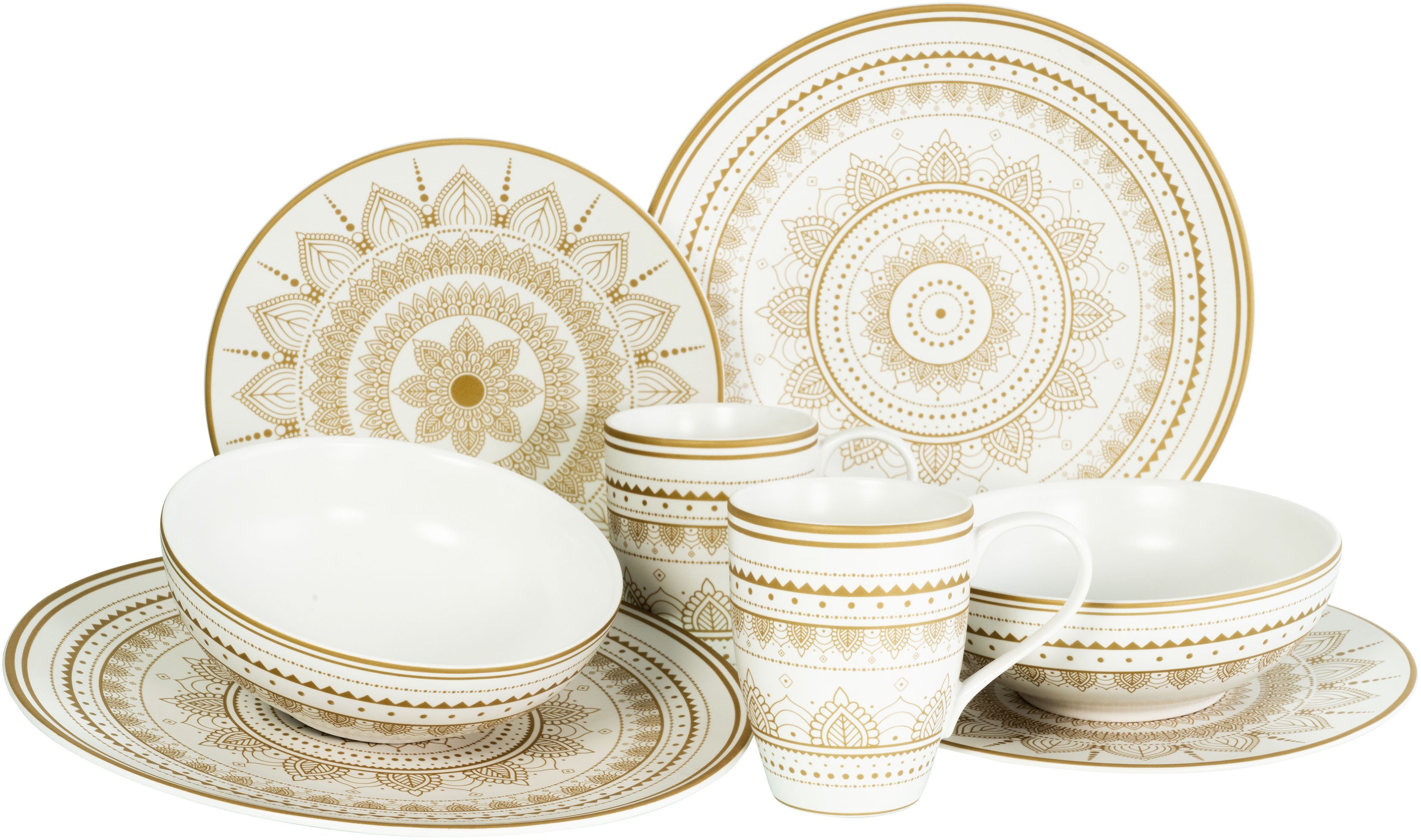 CreaTable Kombiservice Geschirr-Set Mandala 2 Teile, Personen Service, orientalische Motive, 2 für 8 Personen, Gold (8-tlg), goldene Steinzeug