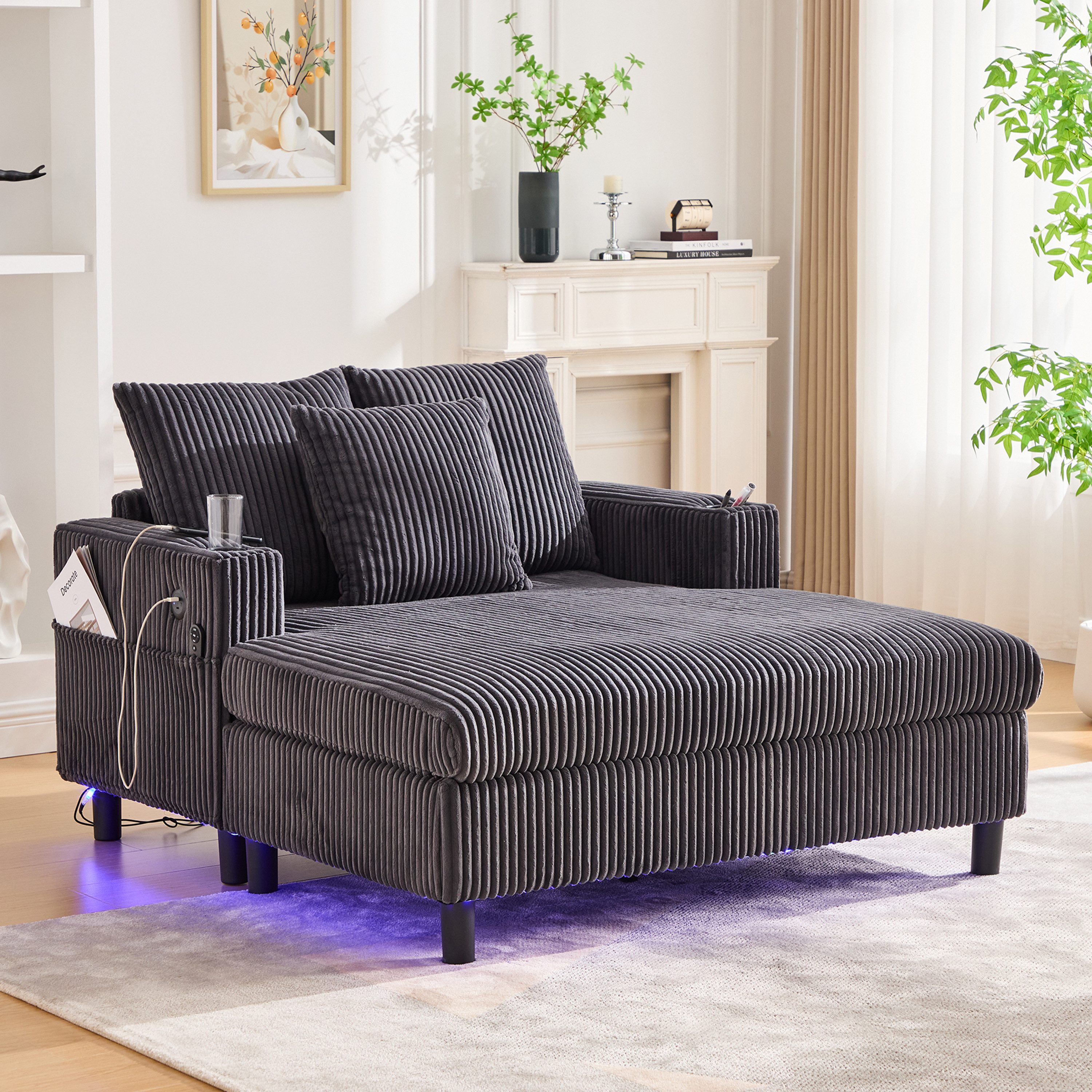 MODFU Loungesofa mit USB-Anschluss & Getränkehalter, ergonomisch, Übergroßer LED-Chaiselongue-Sessel,Polsterstuhl