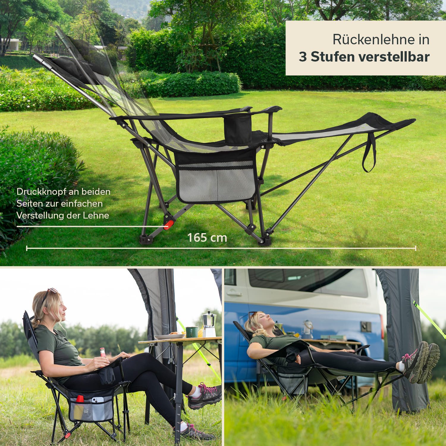 Skandika Campingstuhl Toras mit Fußablage, Faltbarer Liegestuhl, Klappsessel, Gartenstuhl (Max. Benutzergewicht 120 kg, Gewicht 4,3 kg), Liegefunktion, verstellbare Rückenlehne, Getränkehalter, Kopfkissen