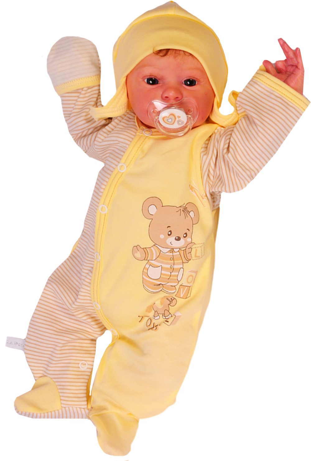 La Bortini Strampler Schlafoverall Mütze Set Baby Overall Schlafanzug in Gelb mit Bär aus reiner Baumwolle, 44 50 56 62 68 74 80 86