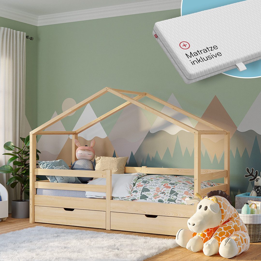 Bellabino Hausbett Abia mit Lattenrost und Rausfallschutz, 90x200 cm (natur günstig online kaufen