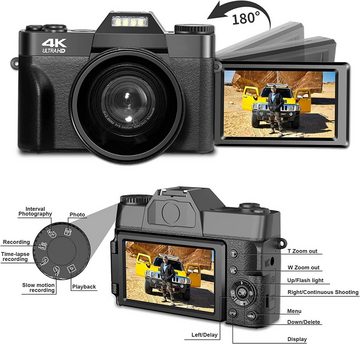Fine Life Pro Digitalkamera 4K, 48MP Fotokamera mit 180° Flip 3.0" Bildschirm, Systemkamera (48 MP, 0x opt. Zoom, WLAN (Wi-Fi), inkl. 16X Digitalzoom Kompaktkamera mit Weitwinkel Linse und Macro Linse, 64GB TF-Karte, WiFi-Funktionalität, Schwarz)