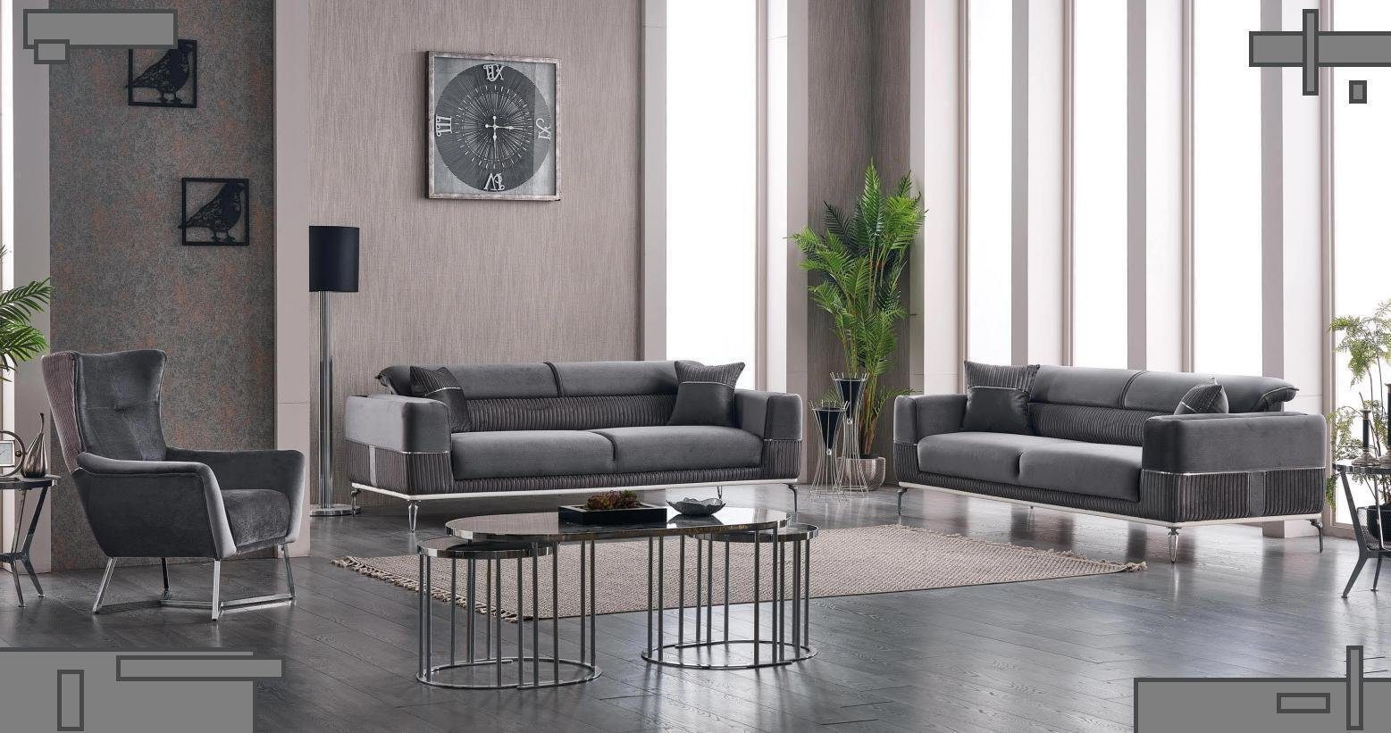Möbel, 1x Sitzer Made 2x Grau Europa Textil in (3-St., Wohnzimmer + ohne Sofa JVmoebel Couchtisch), 3-Sitzer Set 331 Sessel Wohnzimmer-Set Sofagarnitur