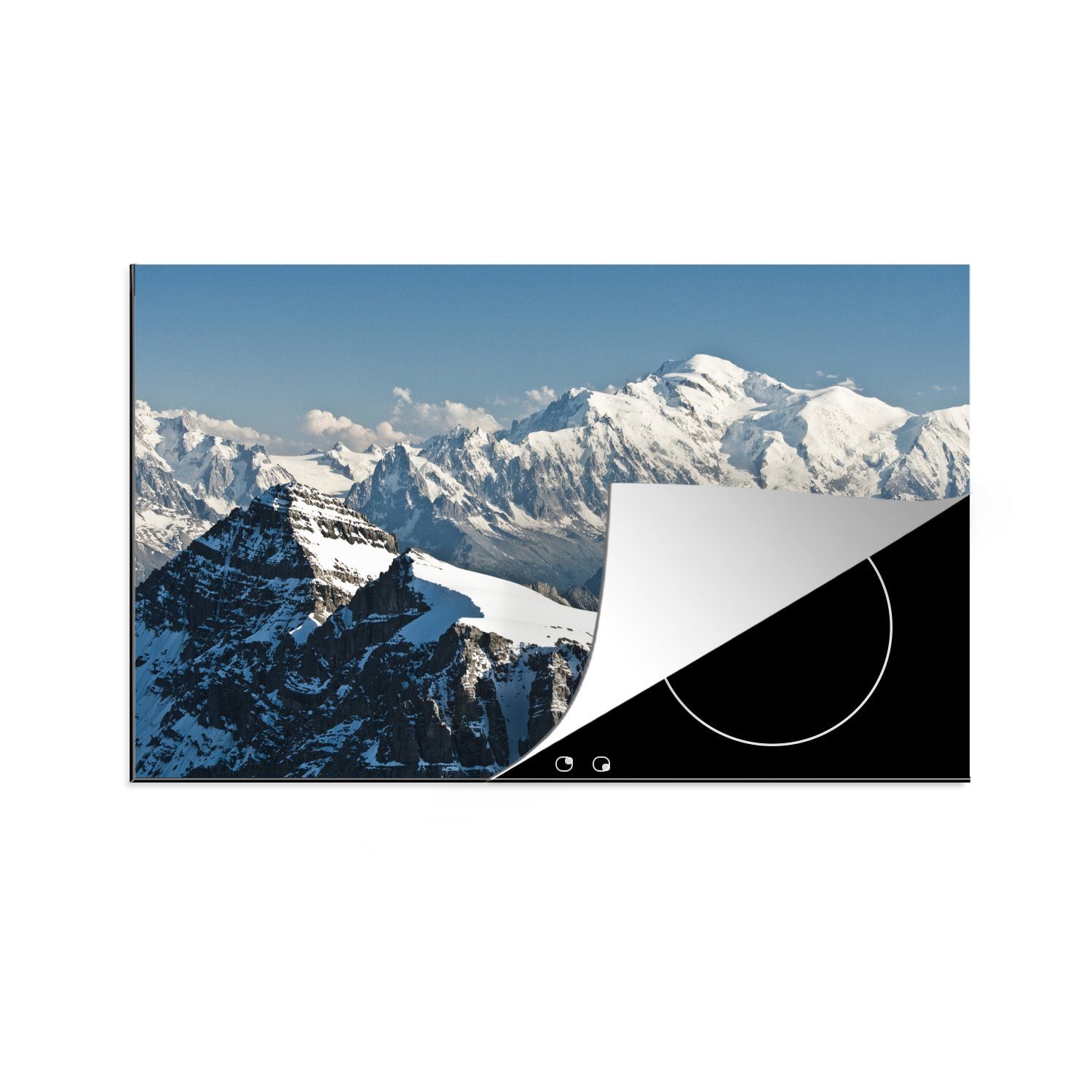 MuchoWow Herdblende-/Abdeckplatte Europas höchster Berg Mont Blanc mit vielen weißen Gipfeln, Vinyl, (1 tlg), 81x52 cm, Induktionskochfeld Schutz für die küche, Ceranfeldabdeckung