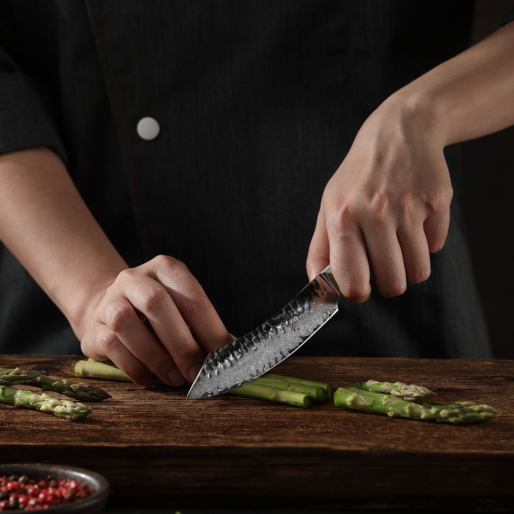 Wakoli Steakmesser aus echtem Damaststahl I 12,5 cm Klinge Hammerschlag Olivenholzgriff (1 Stück), aus 67 Lagen Damaststahl, VG10