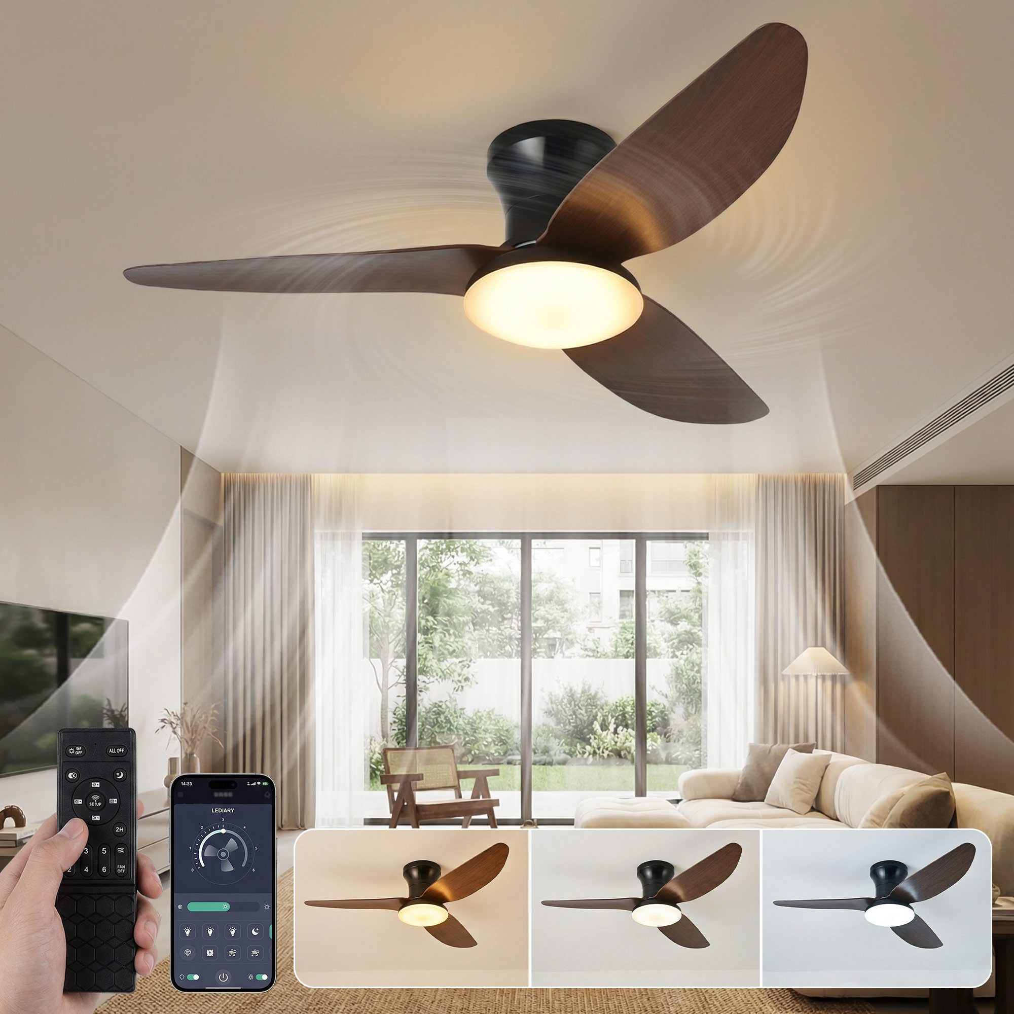 Sunicol Deckenventilator mit beleuchtung, Dimmbar Deckenlampe mit ventilator, 6-Gang, Leiser, Timer, App und Fernbedienung, für Schlafzimmer Wohnzimmer