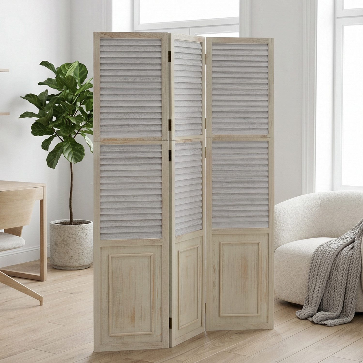 Homestyle4u Paravent Raumteiler Trennwand Holz Sichtschutz Grau Indoor Sichtschutz faltbar (3-teilig)