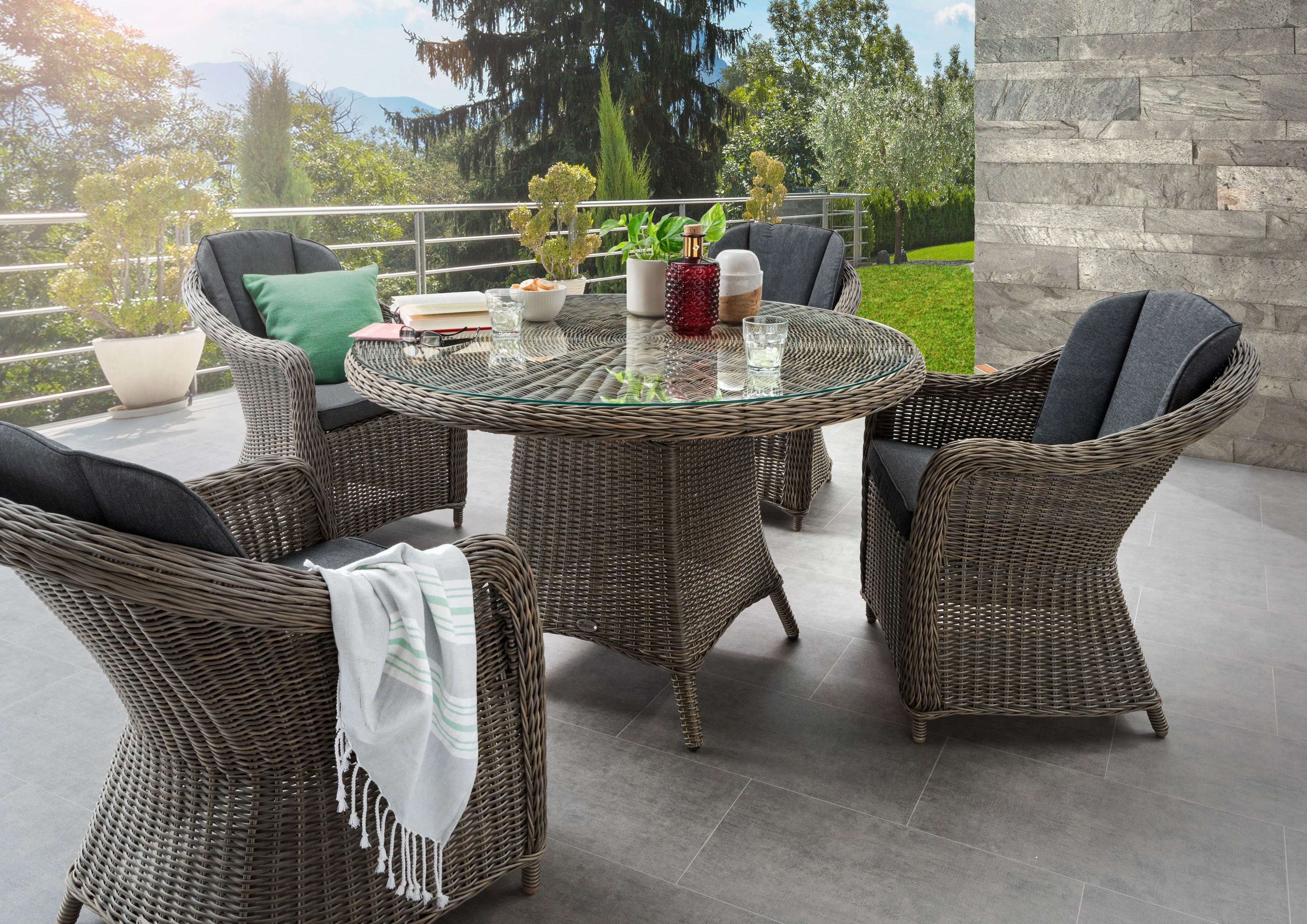 Destiny Garten-Essgruppe MALAGA LUNA, (Set, 5-tlg., 1 Tisch, 4 Кресла), (Set, 13-tlg., 4x Кресла, 1 Tisch Ø 100x75cm) Alumninium, Polyrattan
