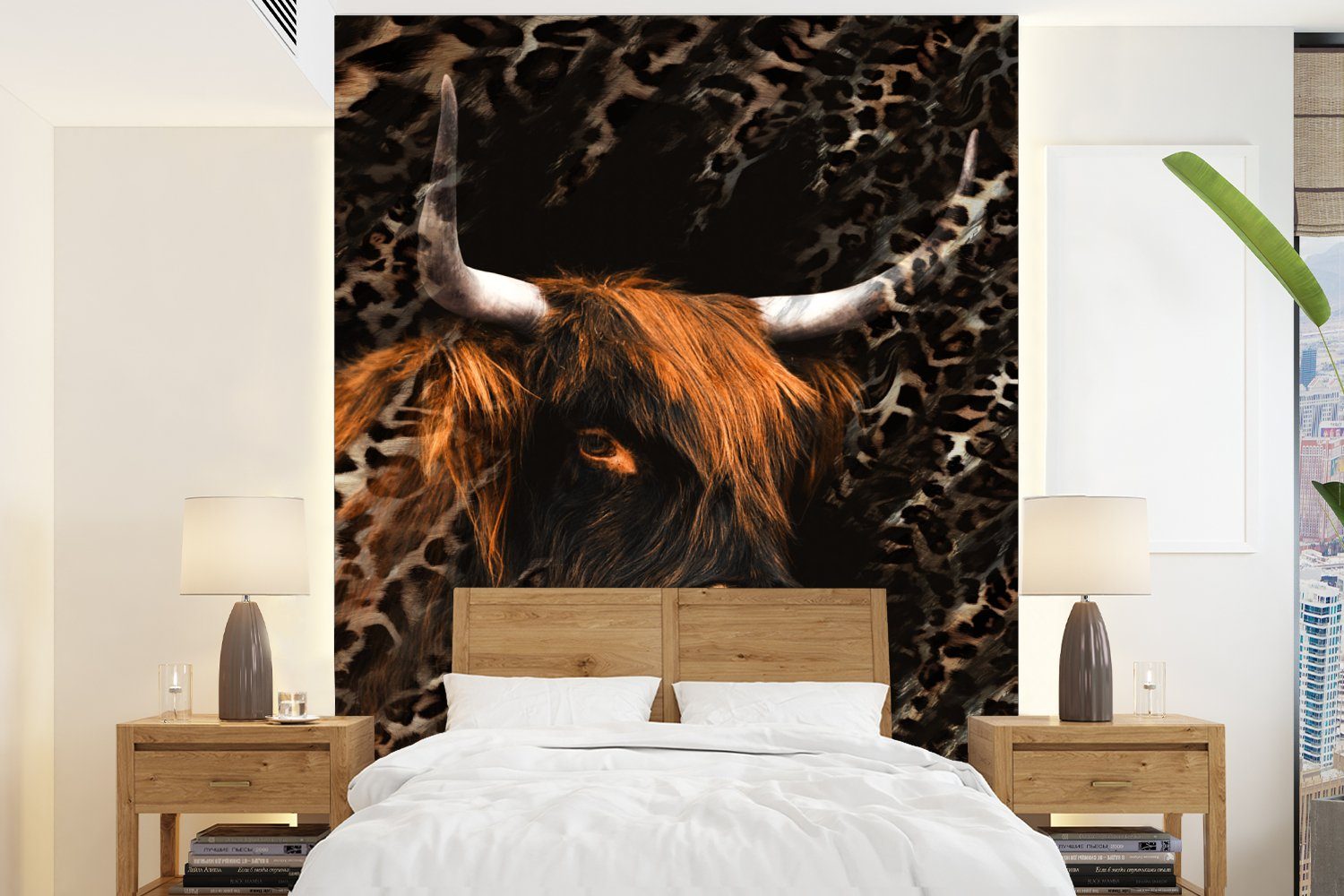 MuchoWow Fototapete Schottischer Highlander - Pantherdruck - Kuh, Matt, bedruckt, (4 St), Montagefertig Vinyl Tapete für Wohnzimmer, Wandtapete