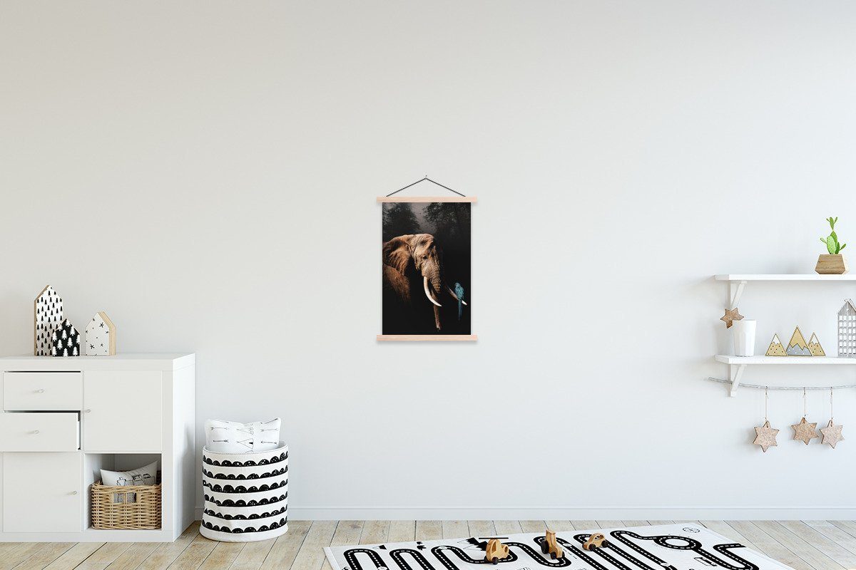 MuchoWow Poster Elefant - Papagei - Baum, (1 St), Posterleiste, Textilposter für Wohnzimmer, Bilderleiste, Magnetisch
