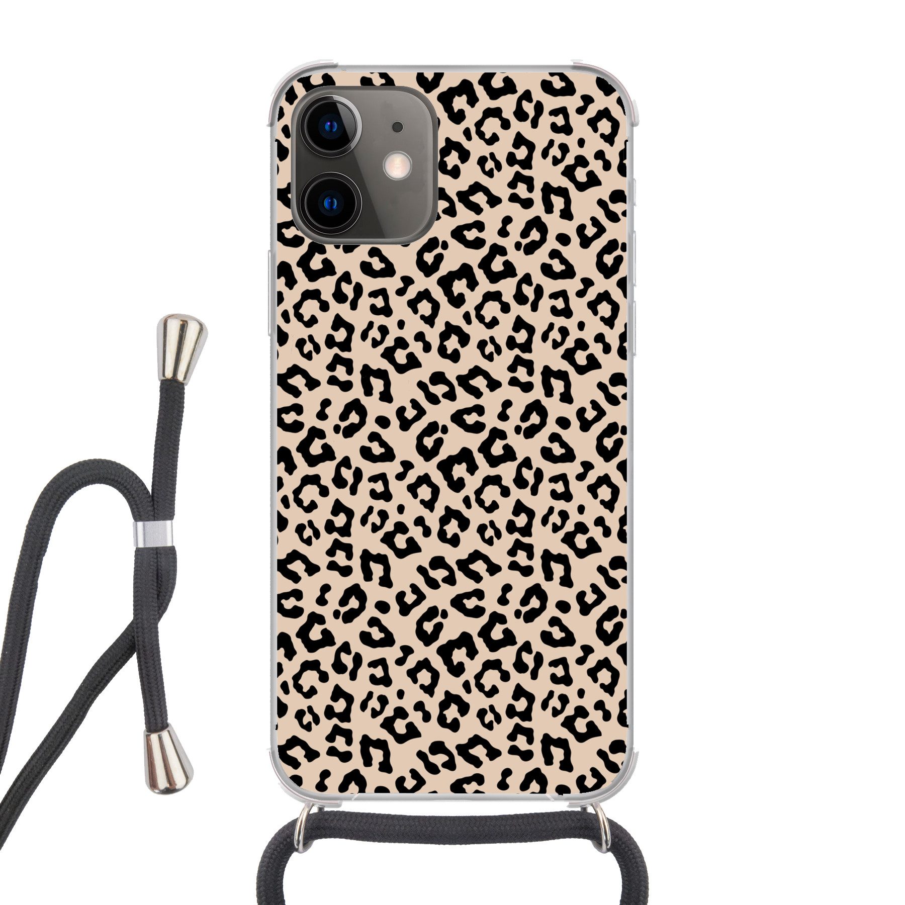 MuchoWow Handyhülle für Apple iPhone 11 Pantherdruck - Schwarz - Braun - Tierdruck, Tragbare Handyhüllen mit Kette zum umhängen, Handykette Handyband