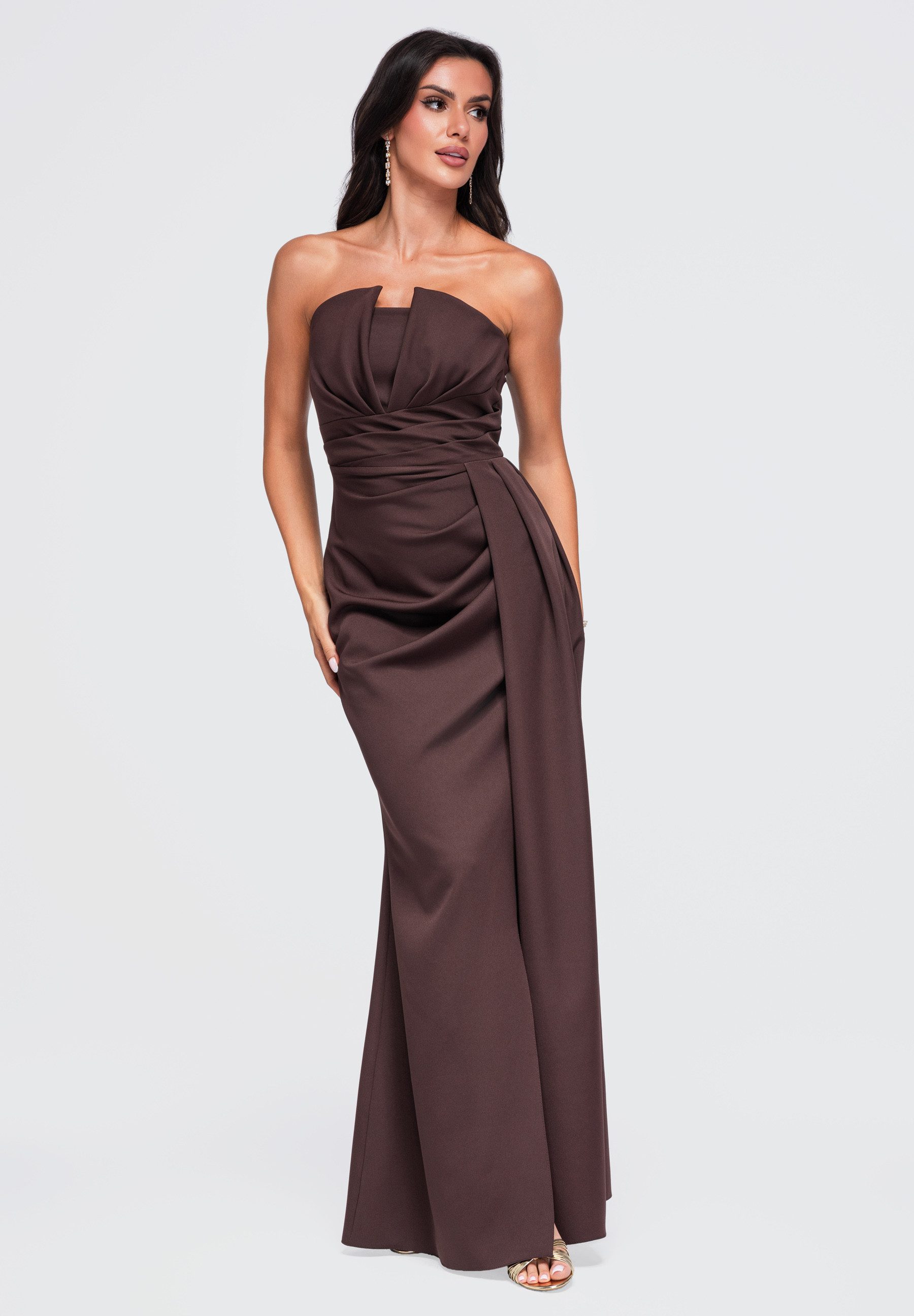 OMBRE Abendkleid Abendkleid Maxi mit strapless Dekolleté und Gürteldetails Braun S (kein Set, 1-tlg) in Unifarbe