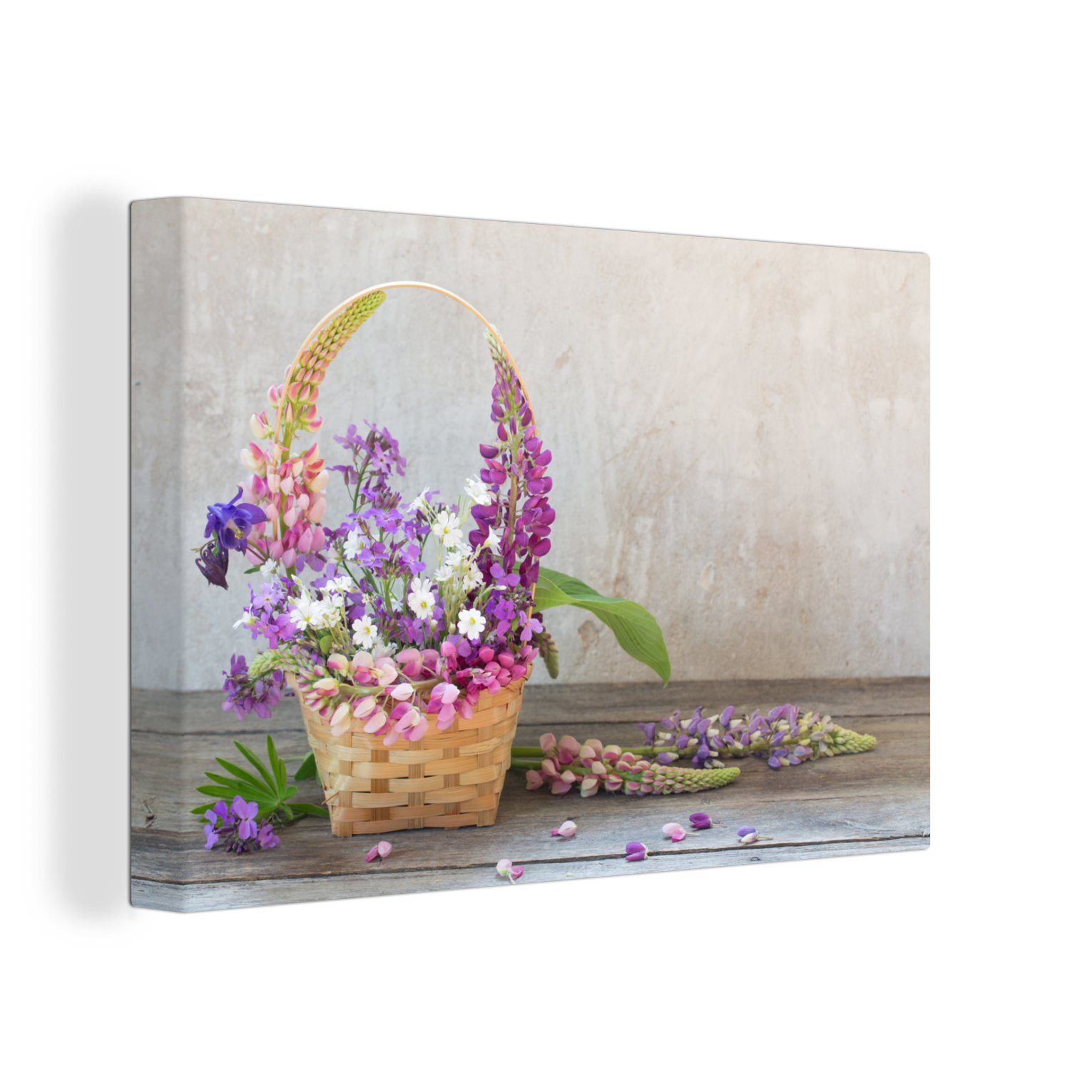 OneMillionCanvasses® Leinwandbild Korb - Blumen - Stilleben, (1 St), Wandbild Leinwandbilder, Aufhängefertig, Wanddeko, 30x20 cm