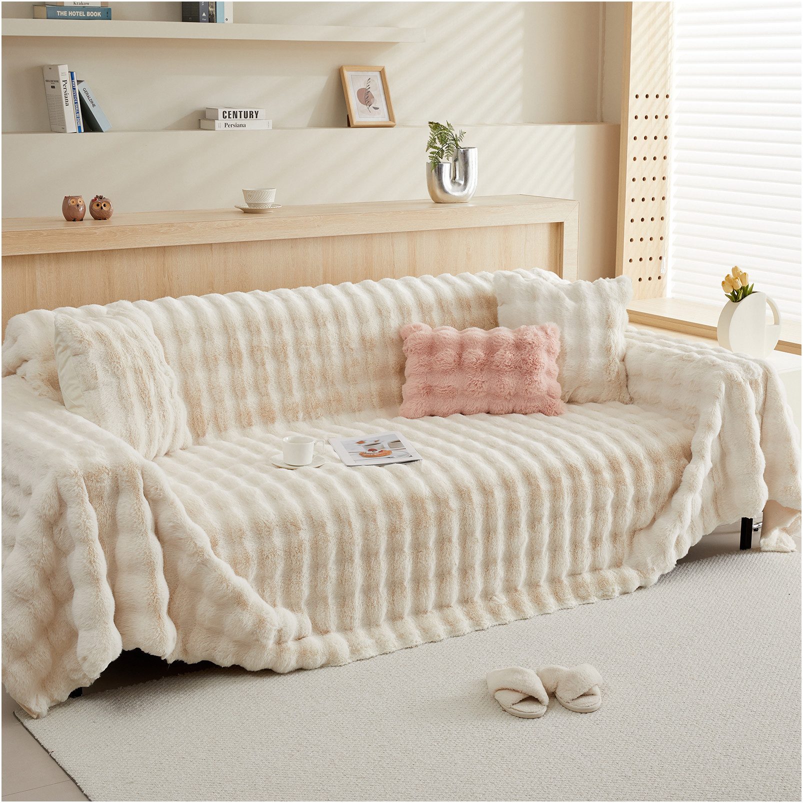 Rosnek Sofahusse Zottelig, warm, Wellendesign, rutschfest, für Winter Sofas Bett, B×L: 180×180;180×230;180×300cm