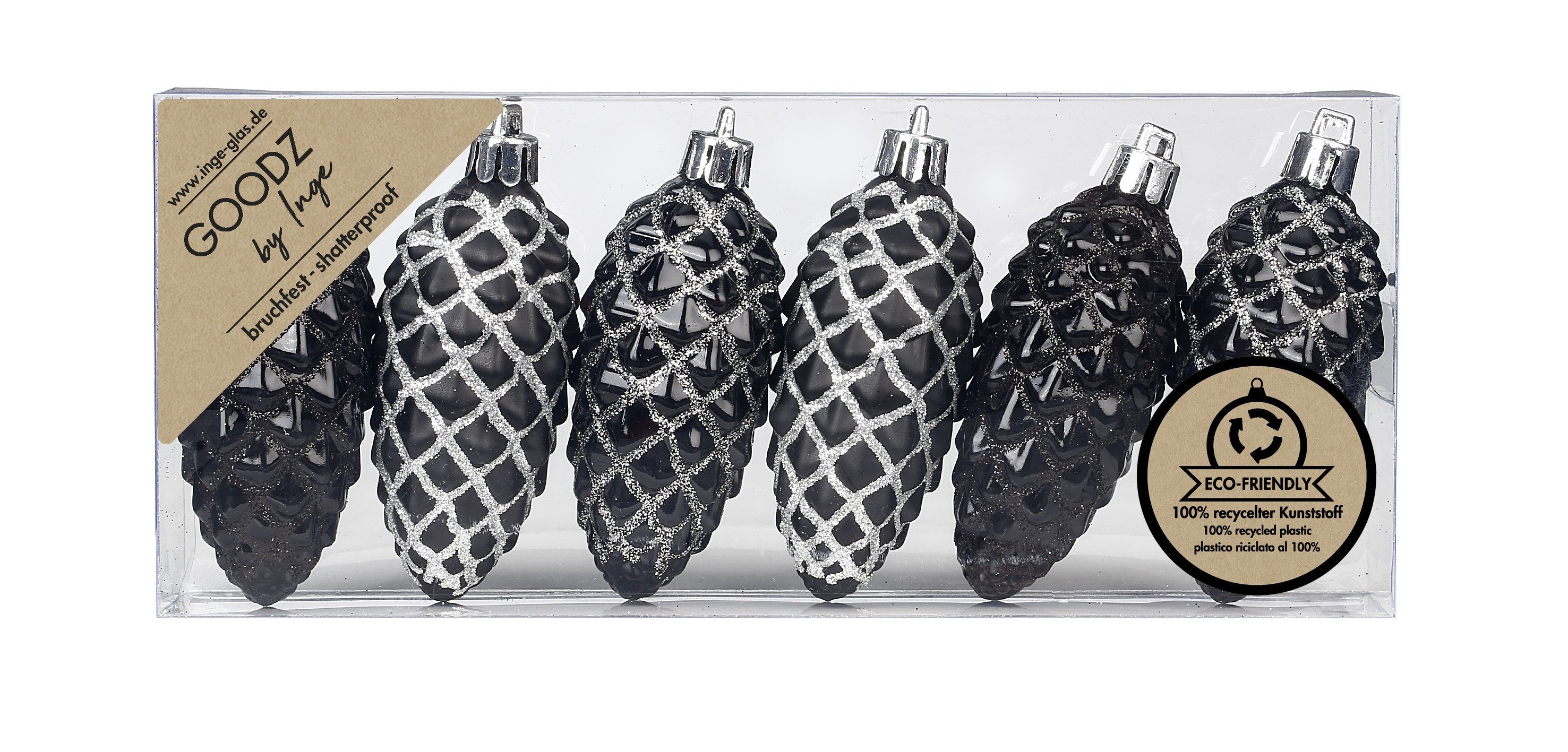 Holly & Jolly Christbaumschmuck, Christbaumschmuck Kunststoff Zapfen 9cm Schwarz Mix 6er Set